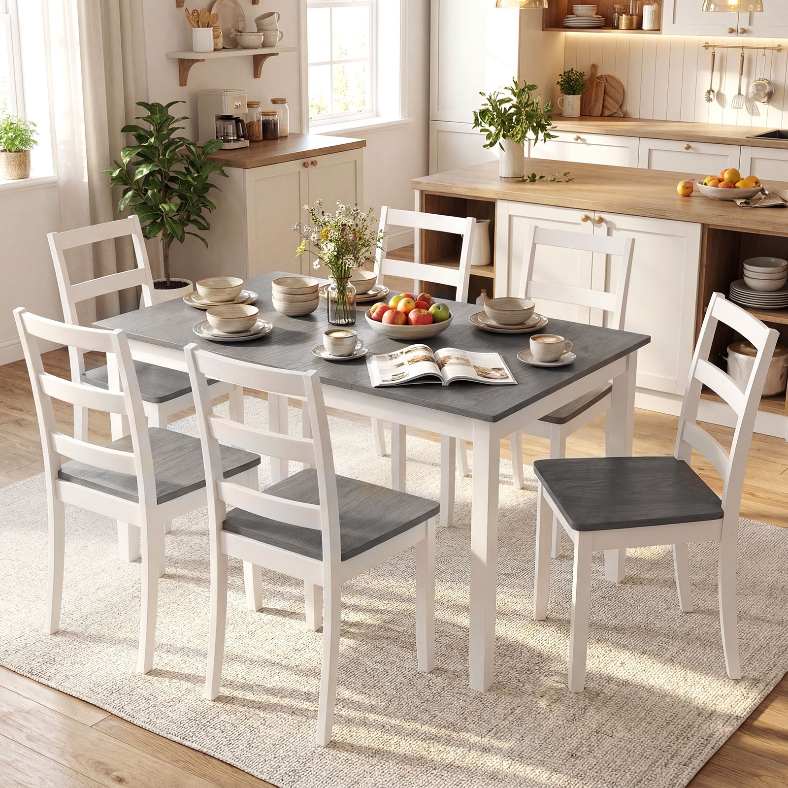 7-Piece Dining Set Solid Wood Kitchen Furniture w/ 6 Chairs & Rectangular Table