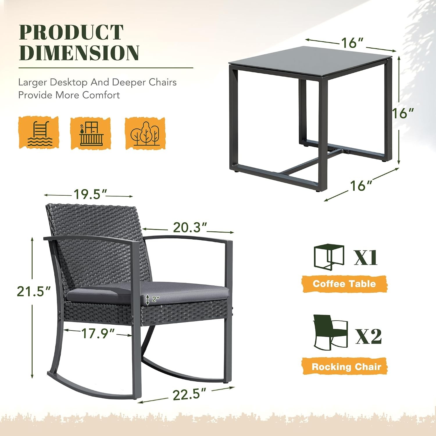 Resin Patio Furniture Set 3 Piece All Weather Outdoor Rocking Chairs