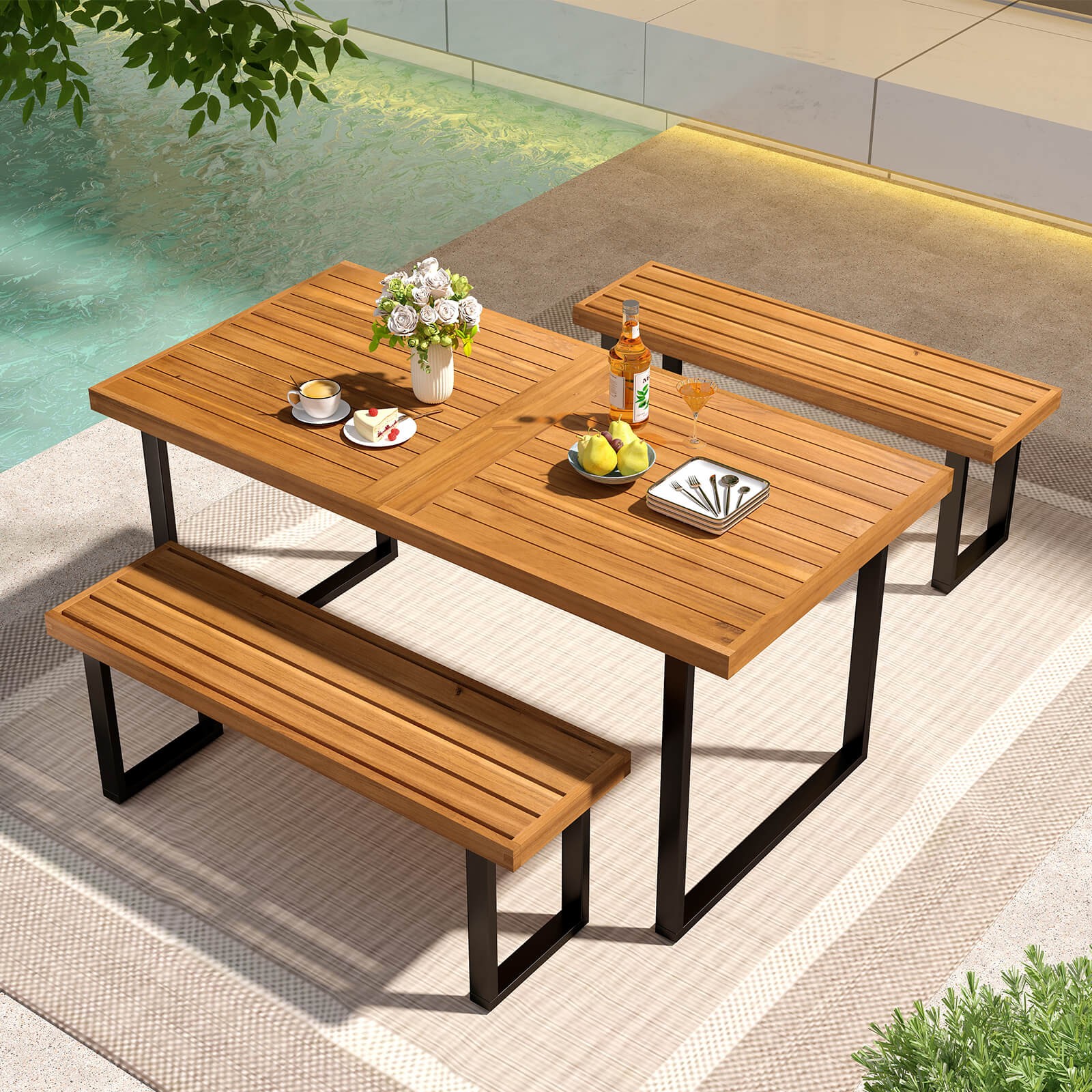 3PCS Patio Dining Table Set, 63” Rectangle Table Umbrella Hole 2 Backless Bench