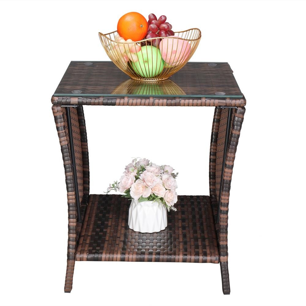 Brown Wicker Rattan Side Tea Table with Glass Patio Outdoor Garden Furniture New