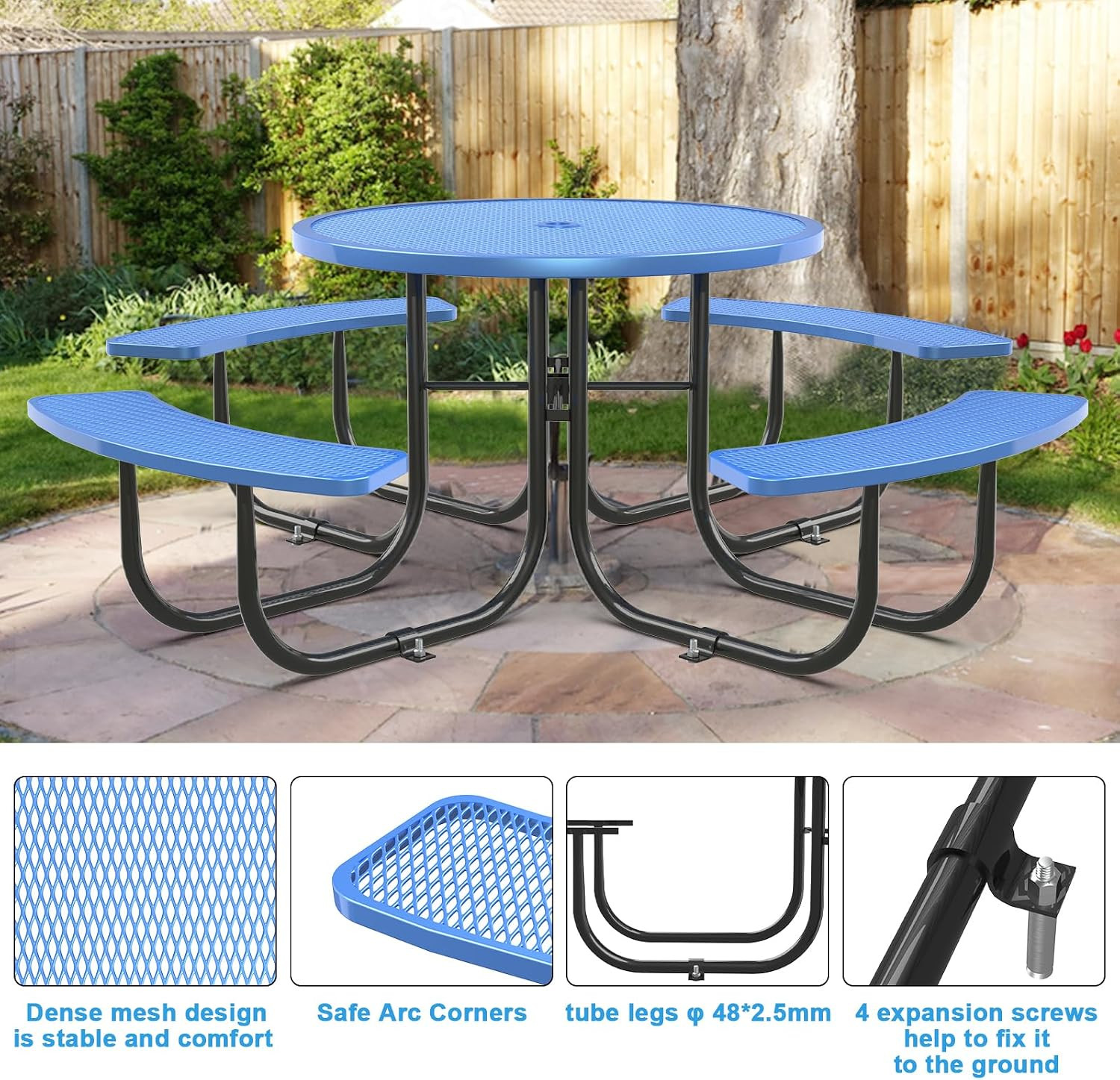 78.7″ Heavy-Duty Metal Picnic Table W/2.05″ Umbrella Hole, round Commercial Outd