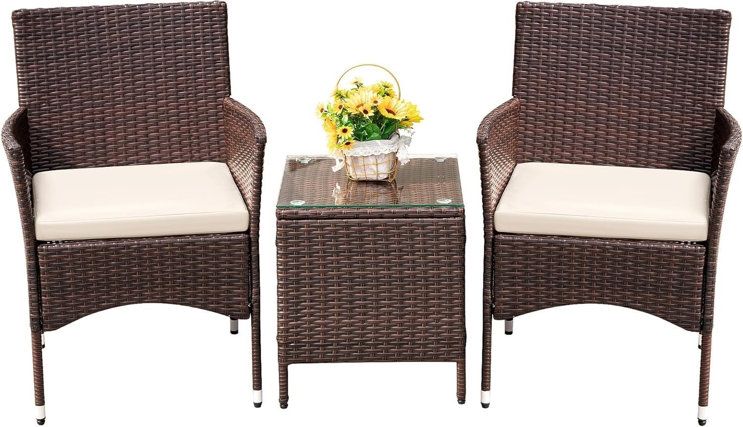 Set De 2 Sillas y Mesa Cristal Con Cojines Para Balcon Patio Exterior En Oferta