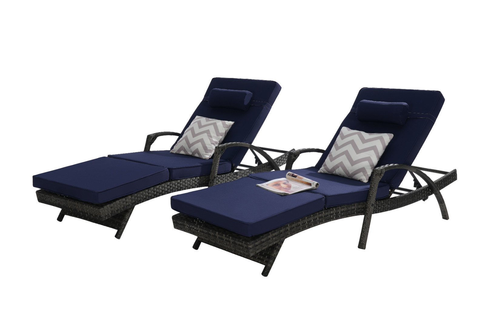 Outdoor Wicker Long Reclining Chair Set of 2 w/Cushions Lounge Chair Lawn Beach