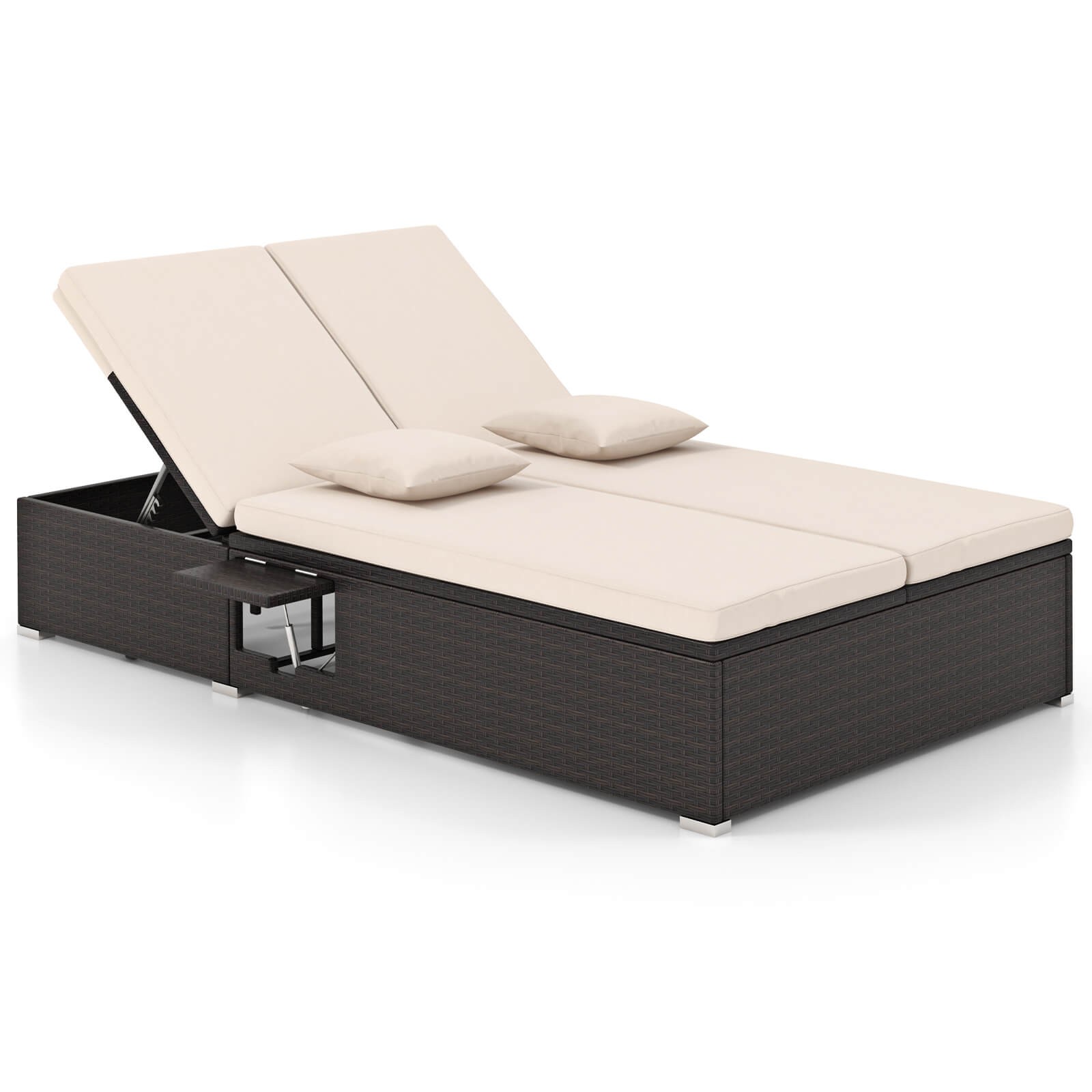 Patio Daybed PE Wicker Double Chaise Lounge w/ Adjustable Backrests