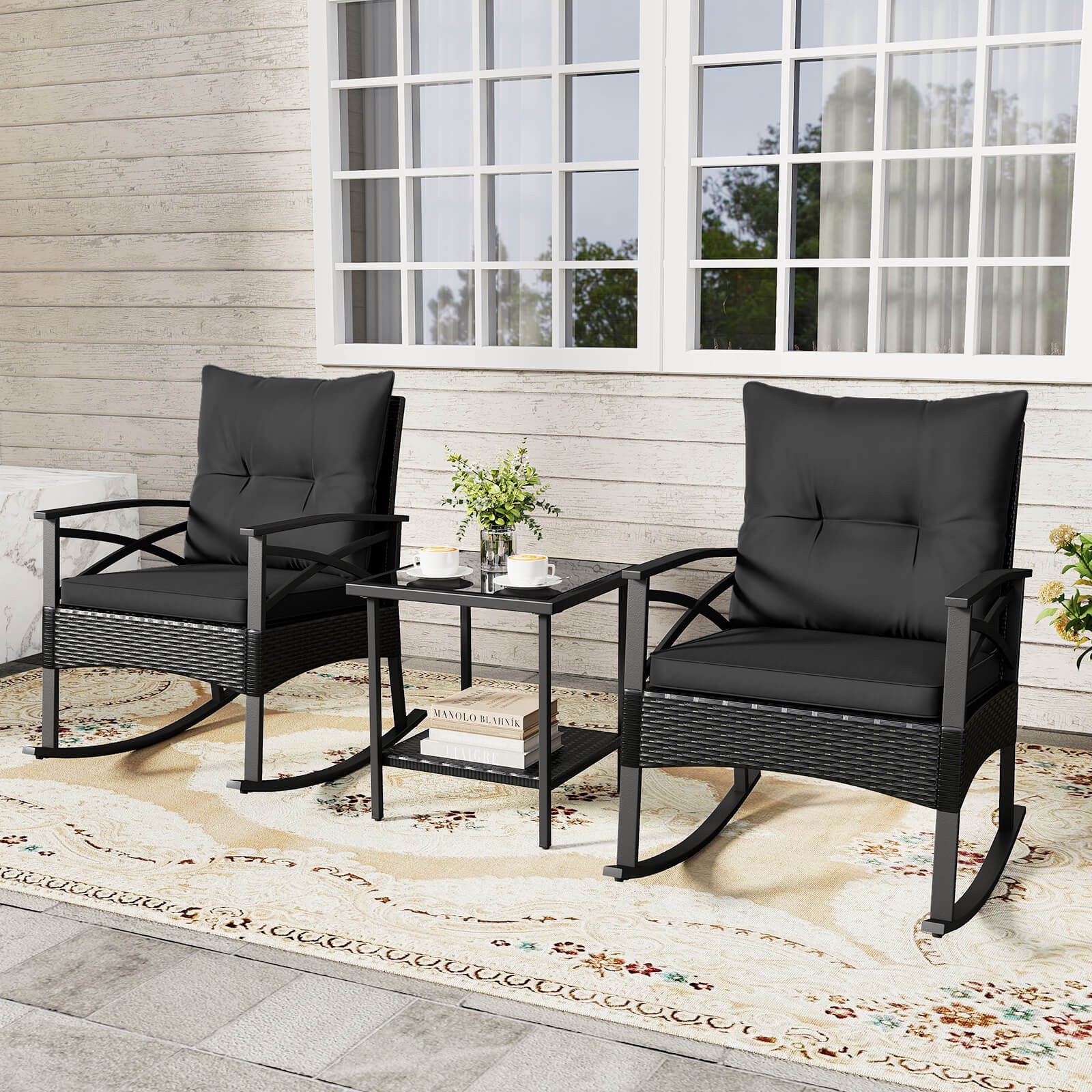 3-Piece Rattan Rocking Bistro Set w/Tempered Glass Tabletop & Cushions for Porch