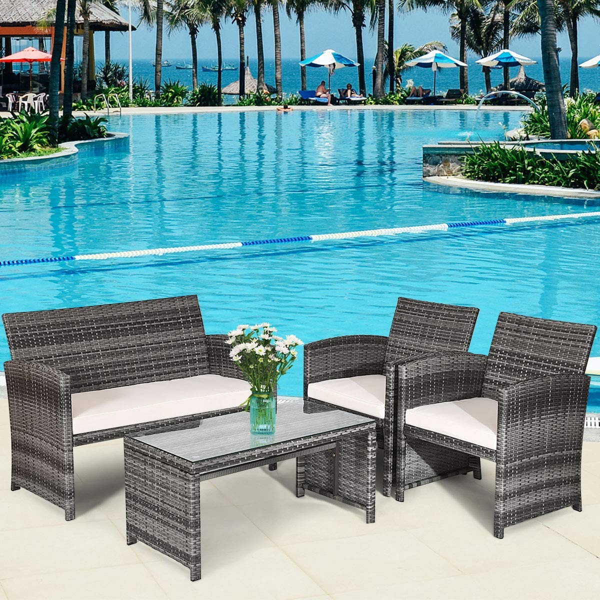 4 PCS Wicker Patio Conversation Set, Outdoor Rattan Sofas with Table Set, Pat…