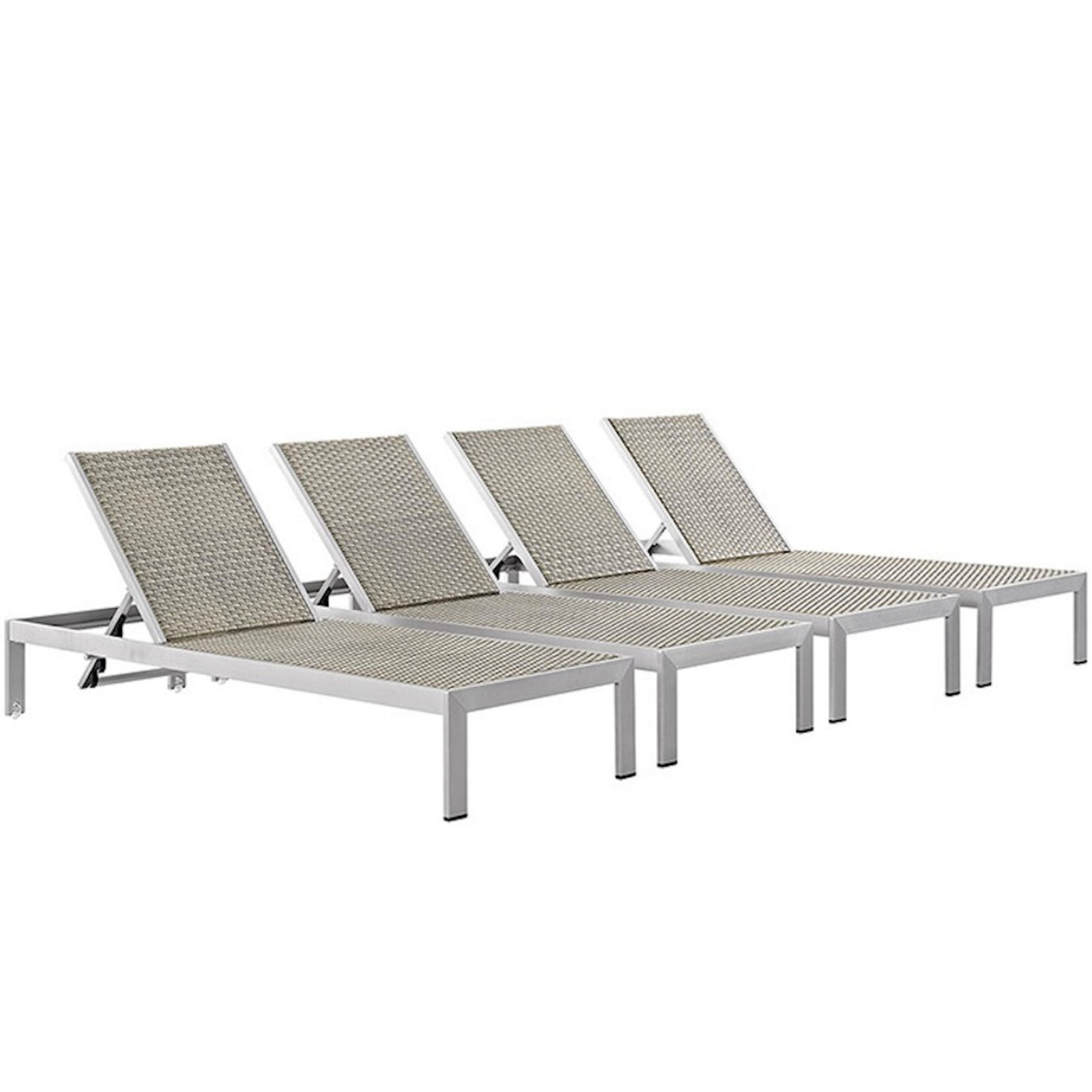 4 Brushed Aluminum Outdoor Lounge Sun Chairs Silver Gray Rattan Weave Lounger