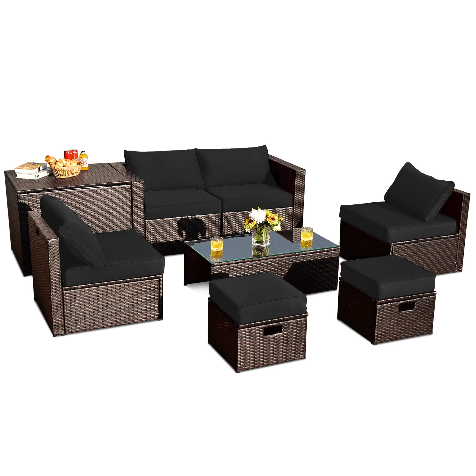 8PCS Patio Rattan Furniture Set Space-Saving Storage Cushion W/Cover Black