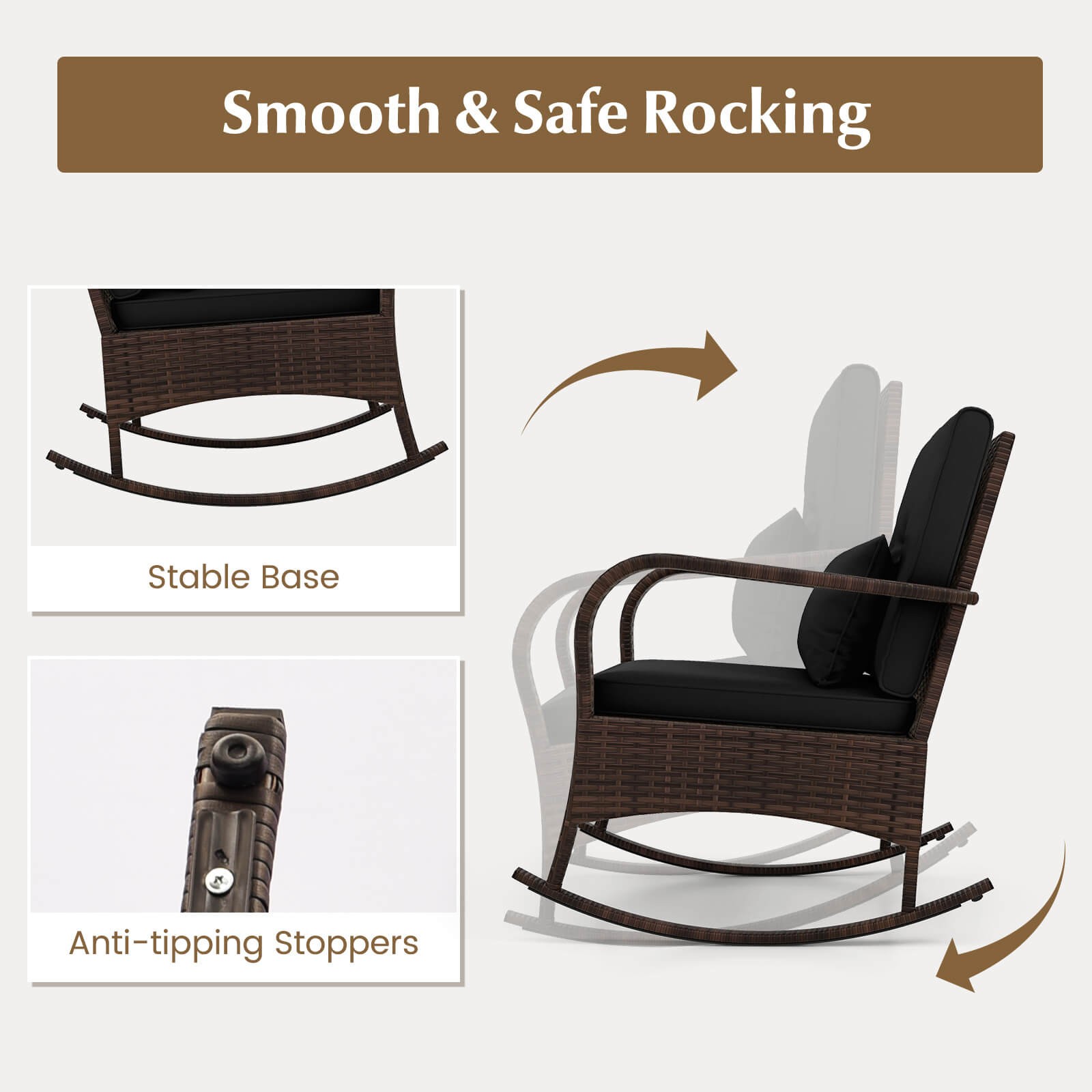 3 PCS Rocking Bistro Set w/Removable Cushions & Tempered Glass Top Coffee Table