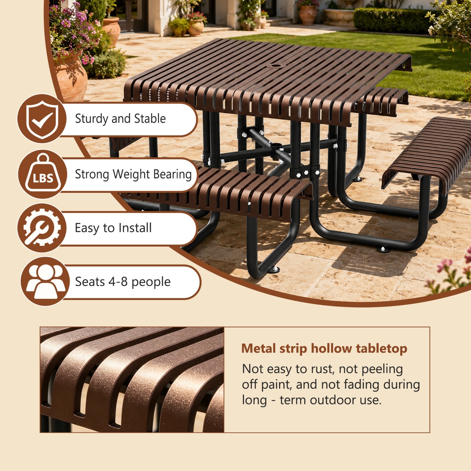 Outdoor 8-person Square Picnic Table Bench Set w/ 4 Benches & Umbrella Hole