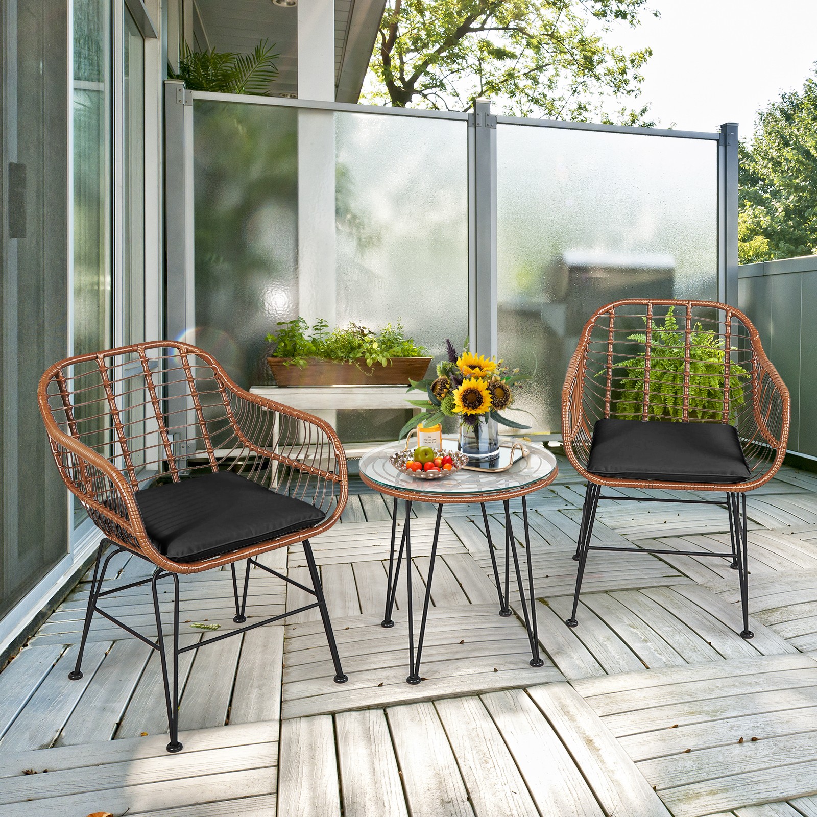 Patiojoy 3PCS Patio Rattan Bistro Set Coffee Table Armchair Garden Black Cushion