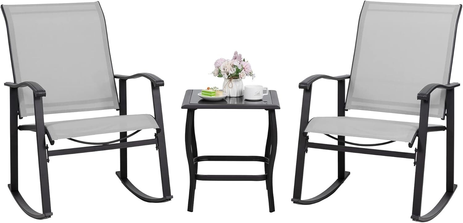 New 3 Piece Outdoor Rocking Bistro Set, Light Gray Chairs & Glass Table