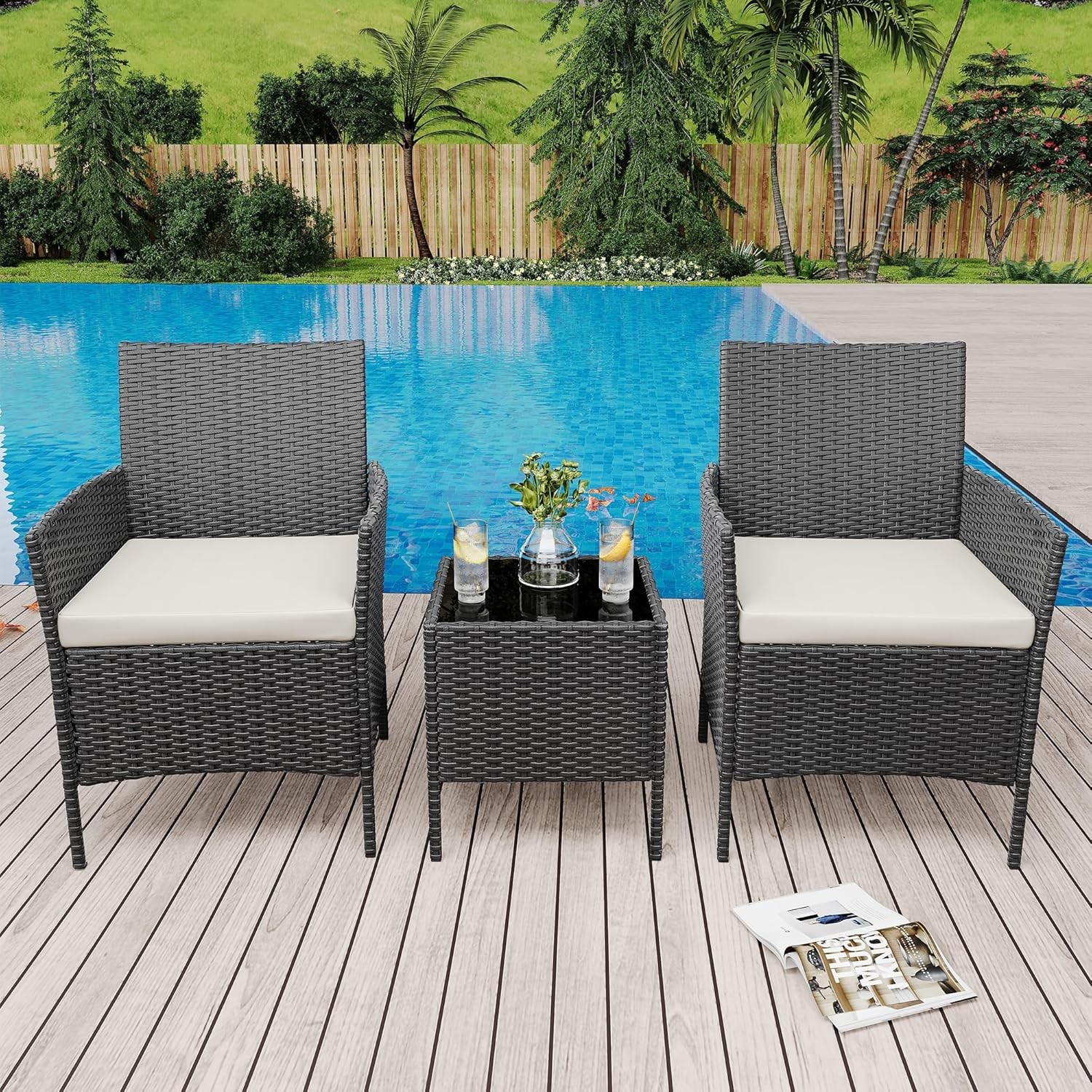 3 Piece Outdoor Rattan Chair Set w Cushion&Glass Table, Wicker Conversation Set