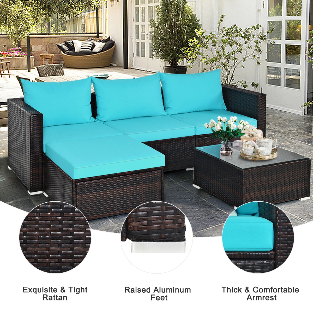 Patio 5PCS Rattan Furniture Set Sectional Conversation Sofa W/ Table Turquoise