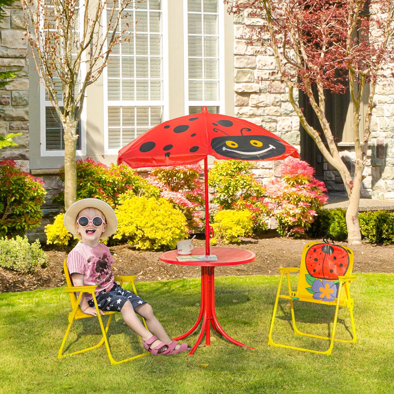 Folding Kids Table and Chair Set for Garden, Backyard, Red