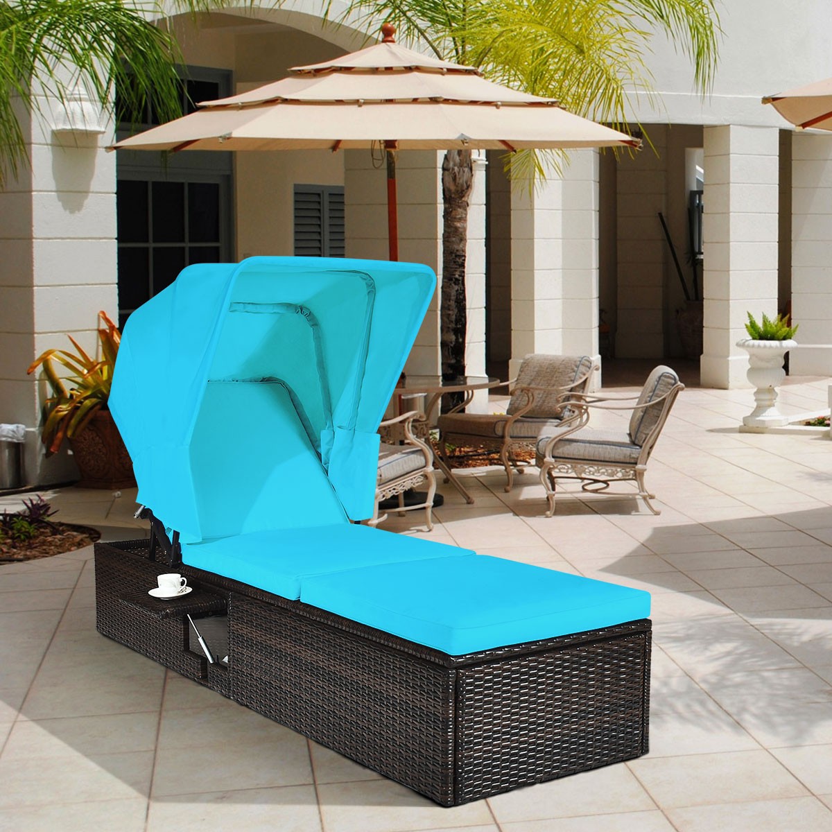 Patiojoy Patio Rattan Lounge Chaise Cushioned Top Canopy Adjustable Turquoise