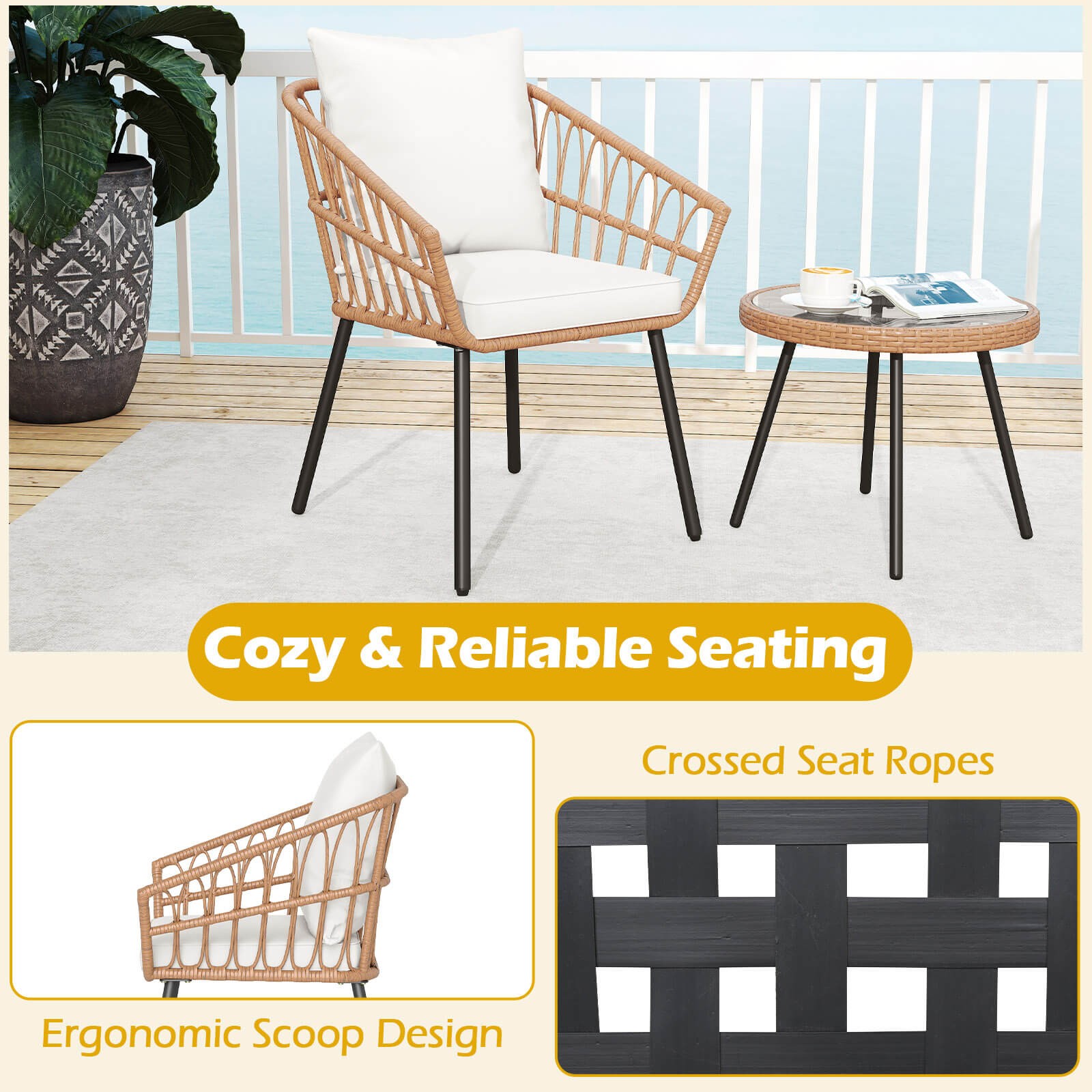 3 Piece Patio Bistro Set w/Heavy Duty Metal Frame for Balcony Garden & Poolside