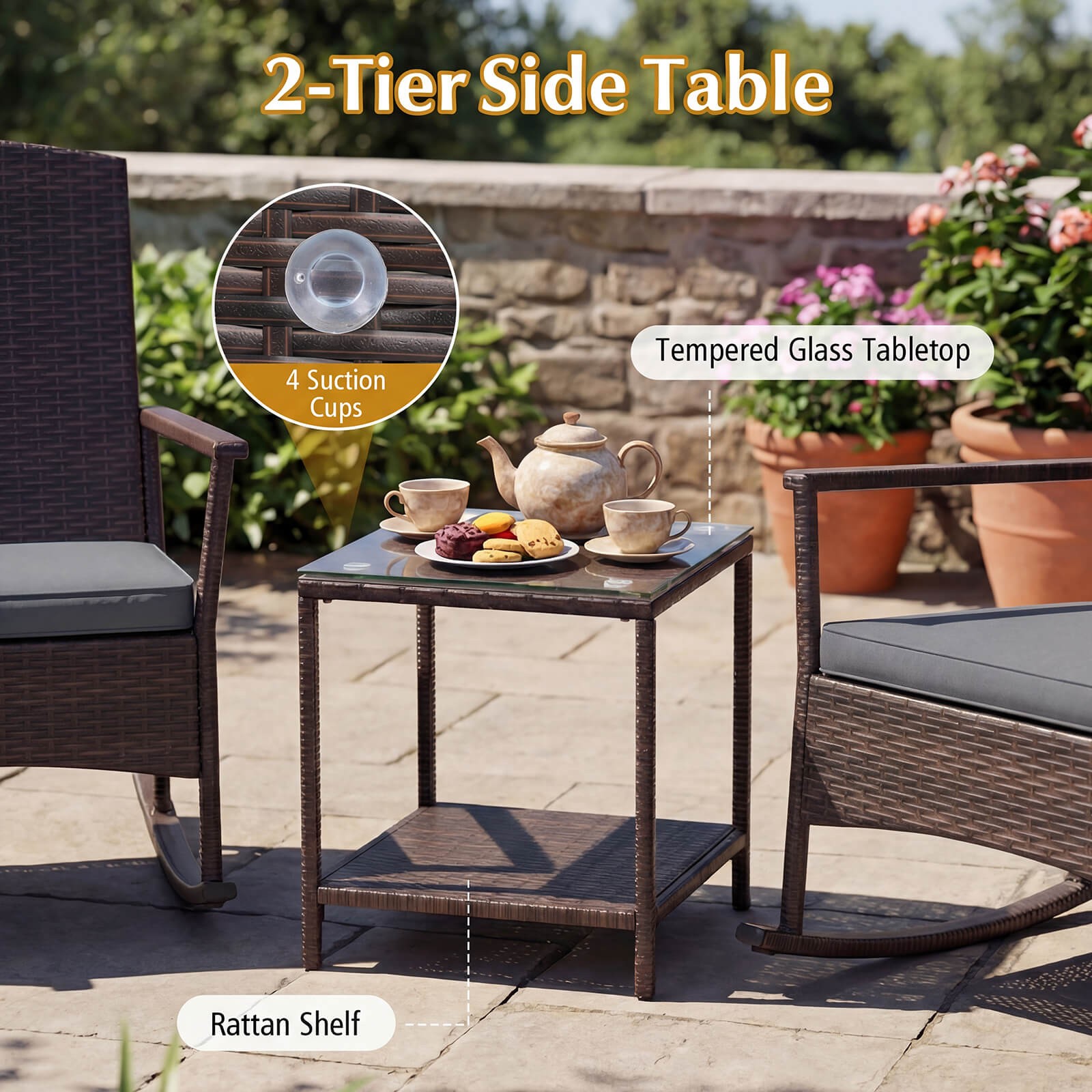 3 Piece Patio Rocking Bistro Set, 2 Rattan Armchairs with 2-Tier Side Table