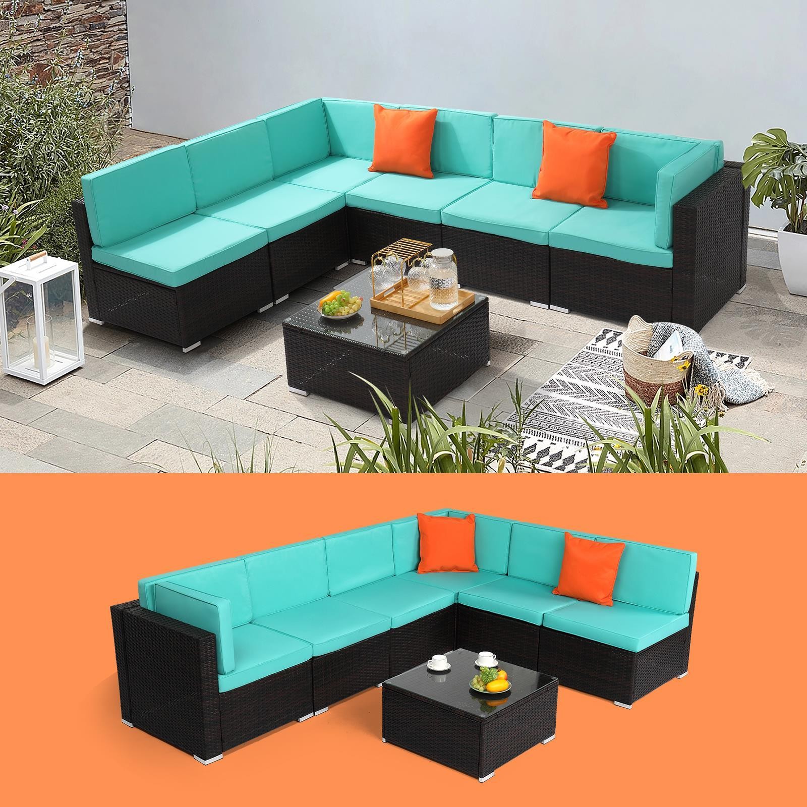 7 Pcs Patio Rattan Sofa Set Outdoor Wicker Sectional Furniture w/Table Lake Blue