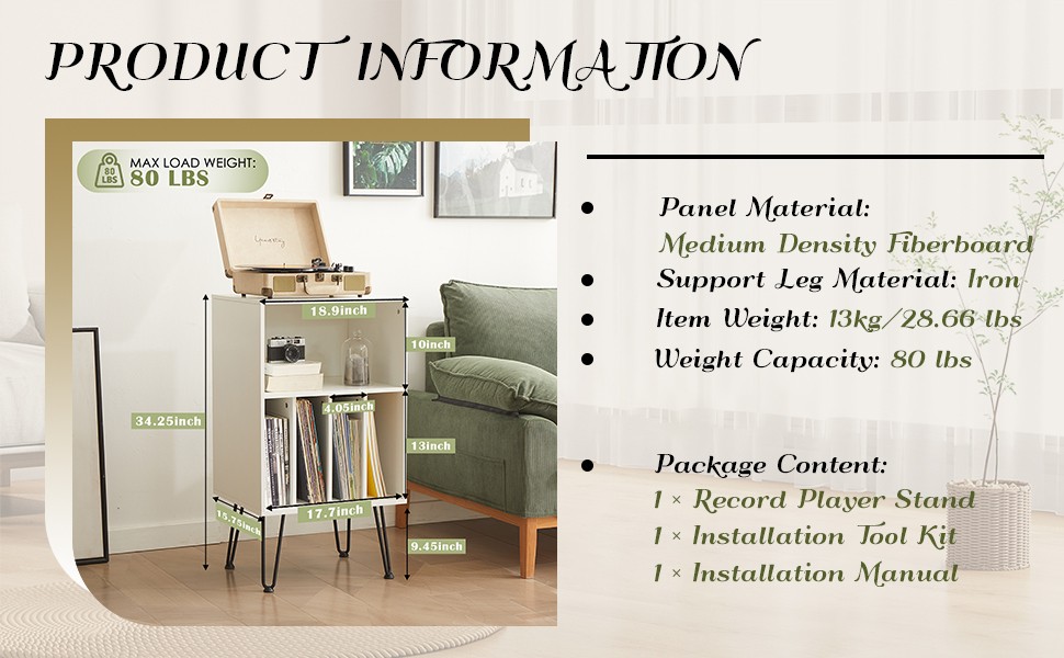 Record Player Stand with Vinyl Stora, Vinyl Record Stora Cabinet Holds