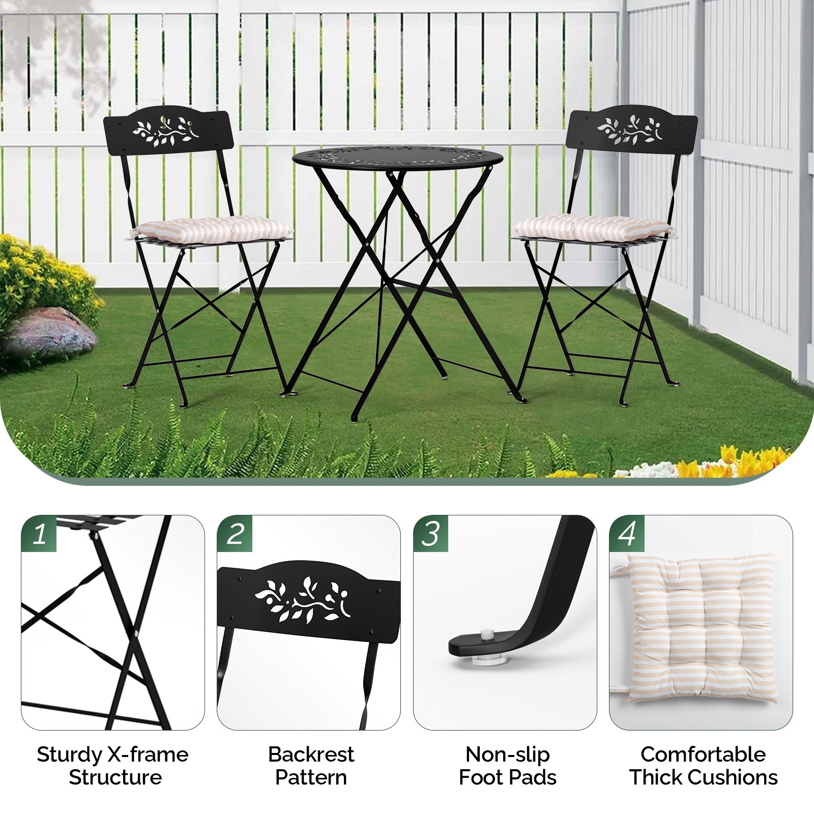 3PCS Folding Bistro Table Chairs, Dining Set with Seat Cushions for In/Outdoor