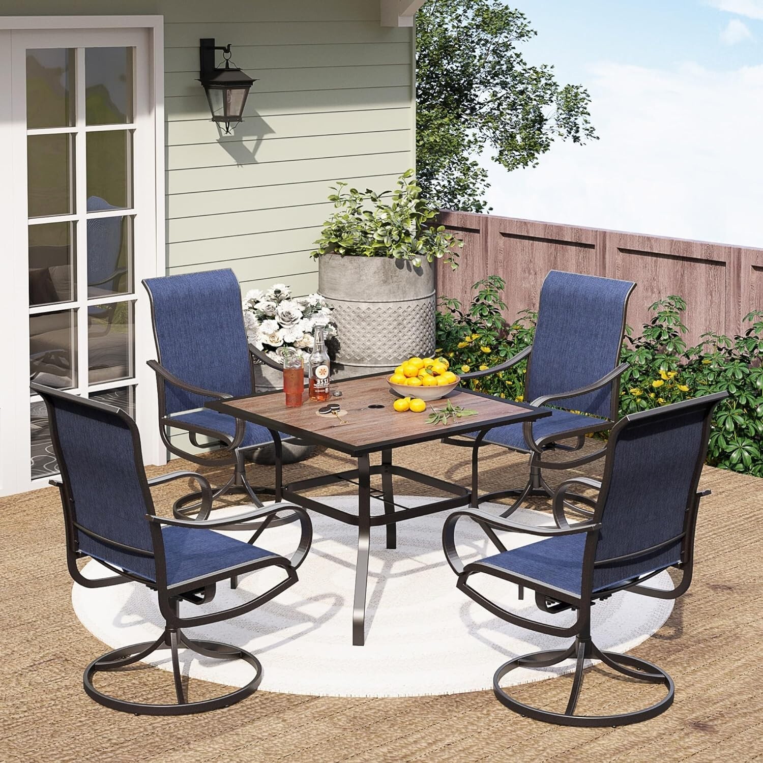 5 Piece Patio Dining Set Outdoor Swivel Chairs Square Table with Umbrella Hole