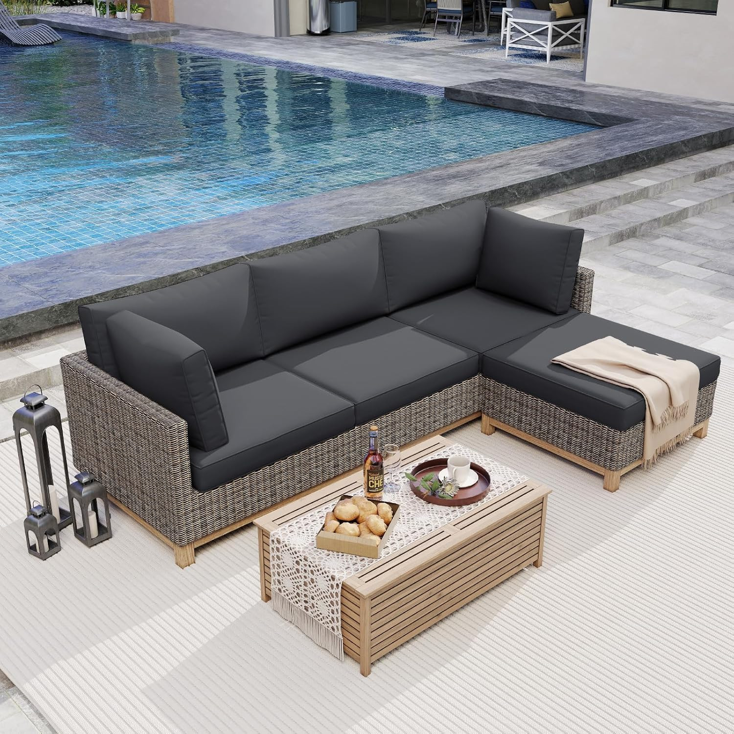 4Pk Black Outdoor Sofa Cushions 5 Pillows Water-Resistant for Patio