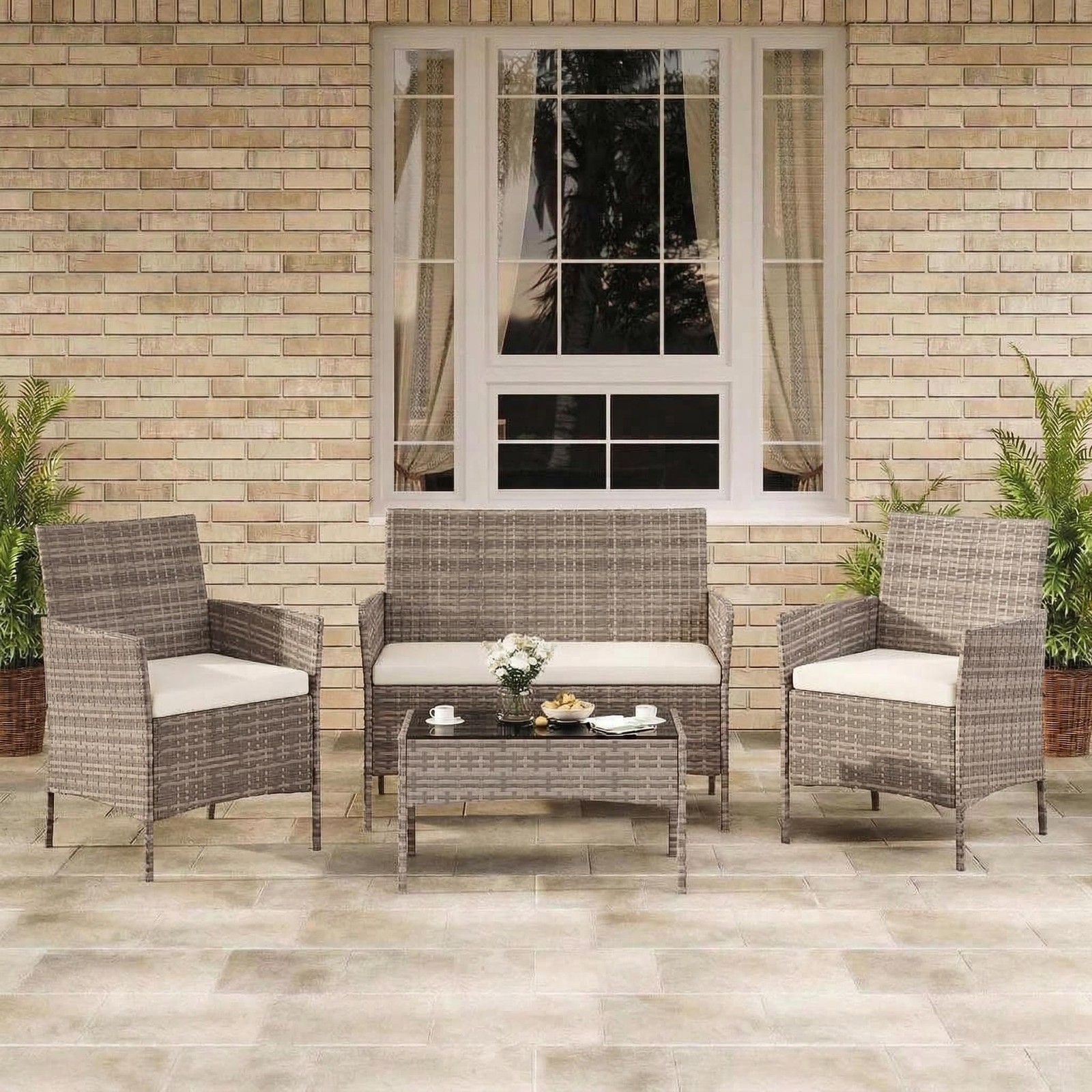 4 Pieces Patio Furniture Set, Rattan Patio Conversation Set with Coffee Table