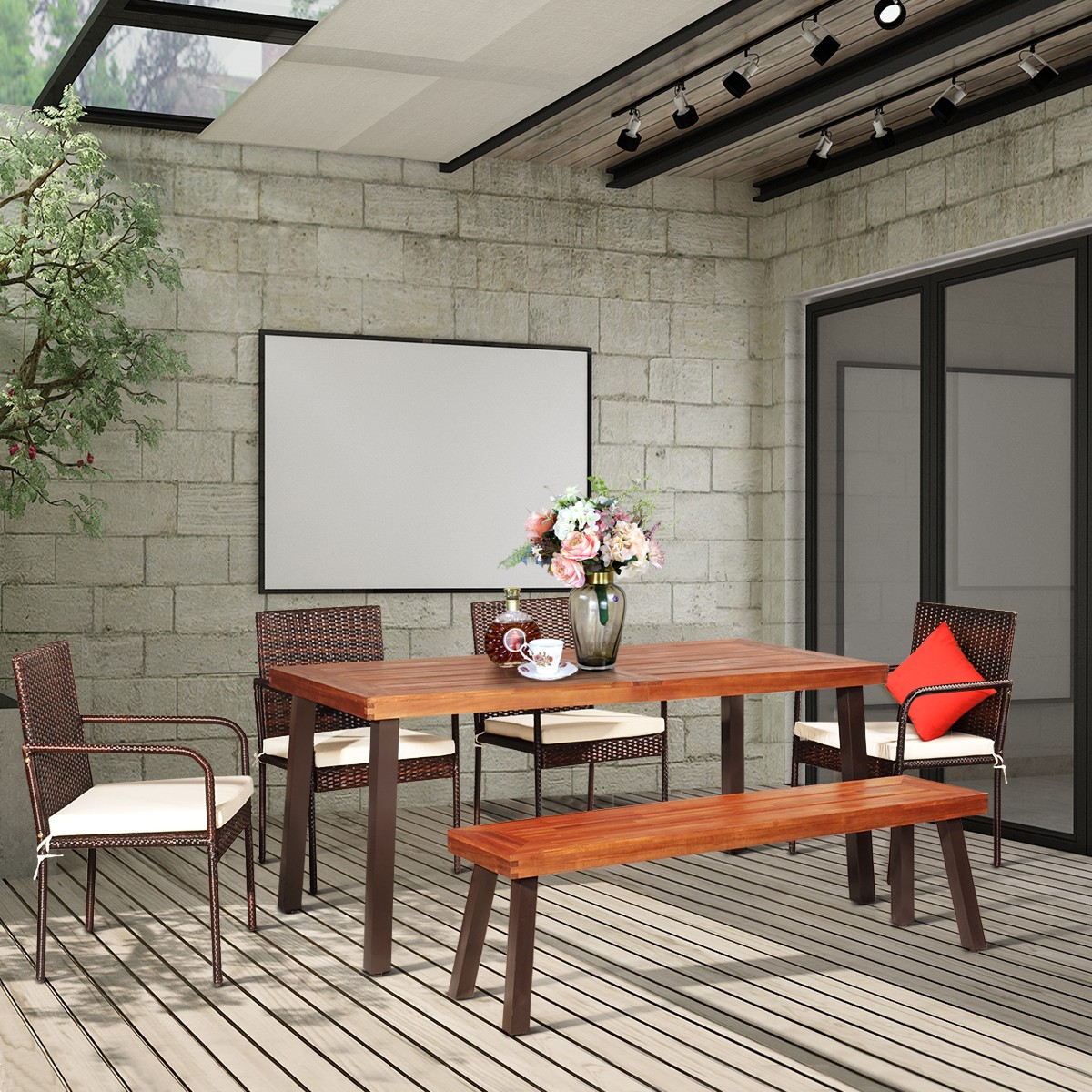 Patiojoy Patio 6PCS Rattan Dining Set Acacia Wood Tabletop Cushioned Chair