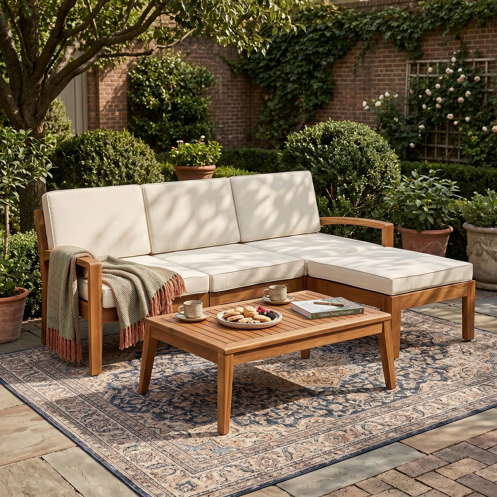 Outdoor Patio Sofa Set with Ottoman & Table, 3-Piece L-Shape, Acacia Wood
