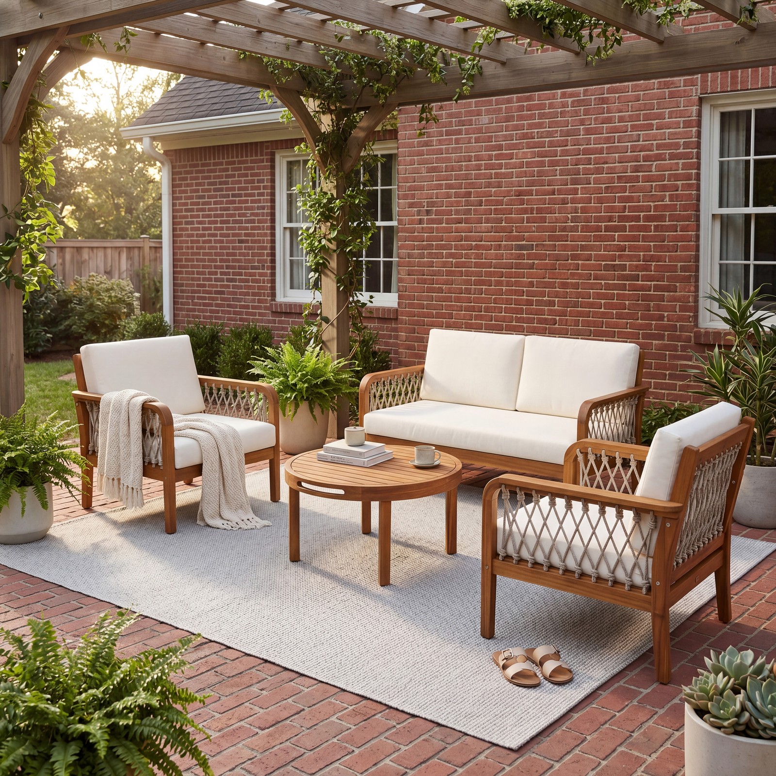 4-Piece Acacia Wood Outdoor Patio Sofa Set with Removable Cushions