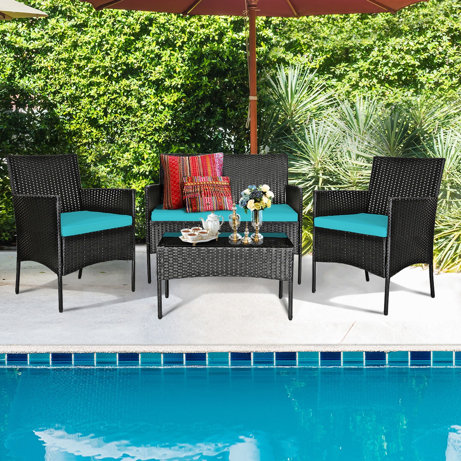 4PCS Outdoor Furniture Set Patio Rattan Conversation Set w/ Turquoise Cushion