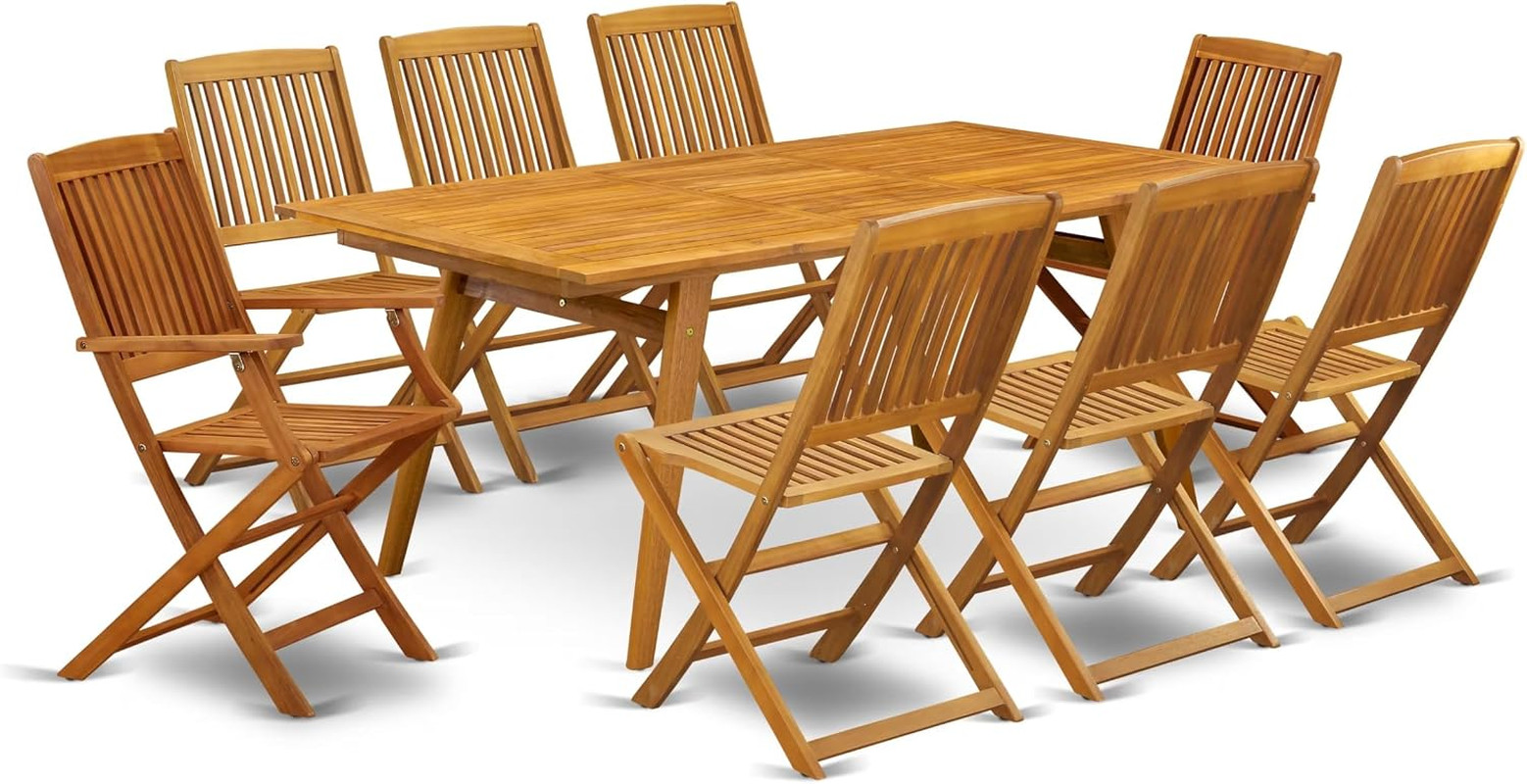 9-Piece Acacia Wood Patio Dining Set with Folding Chairs – Natural Oil Finish