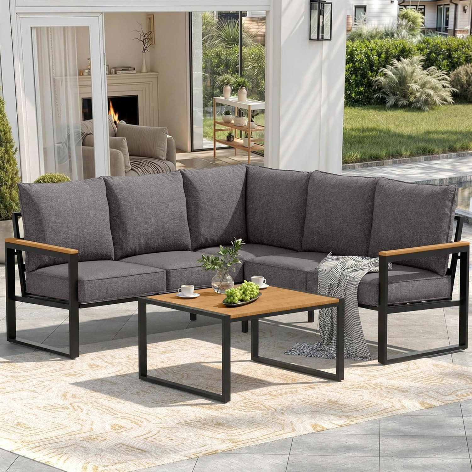 Metal Patio Furniture Set, 6 Pieces Outdoor Sectional Sofa Set with Side Table,