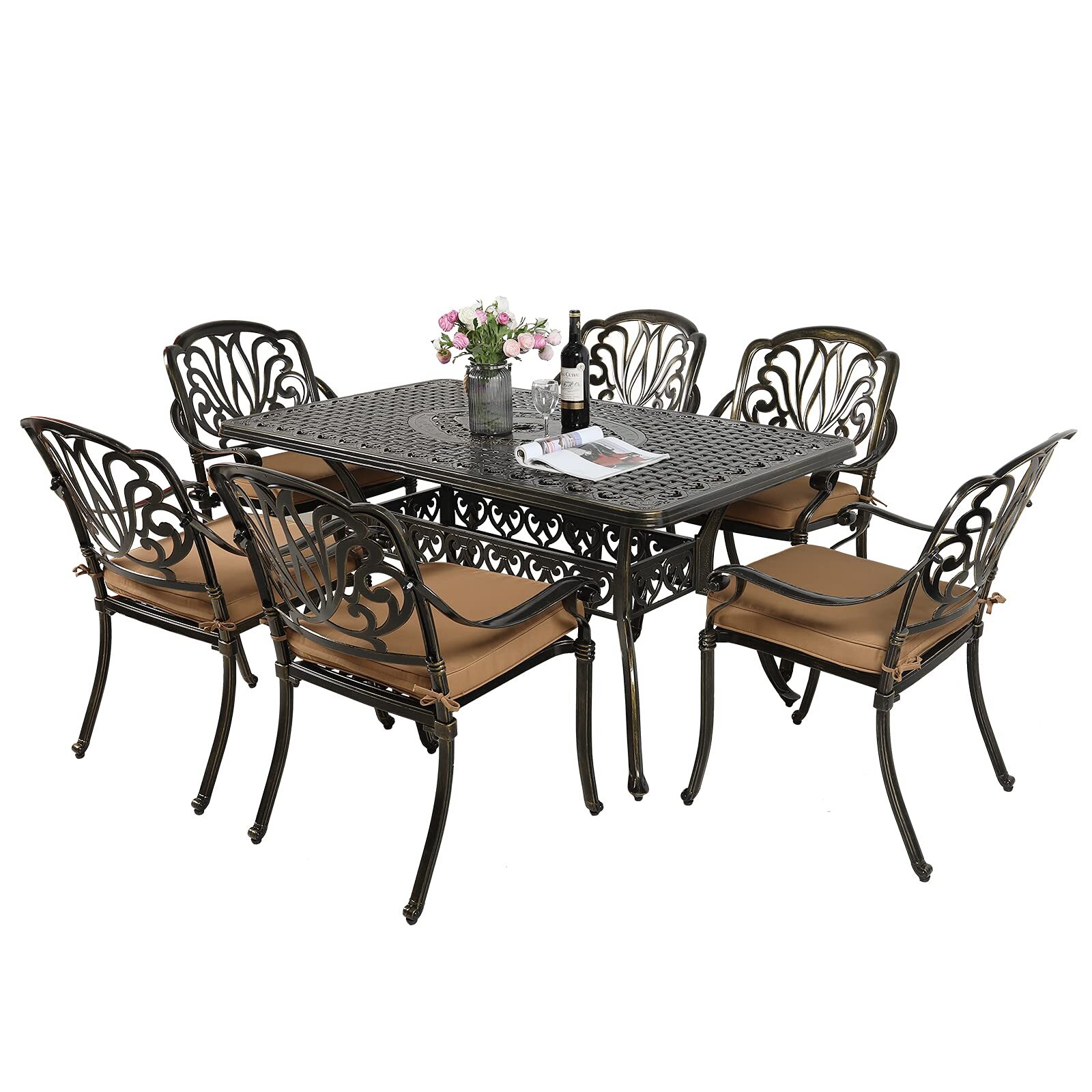 7PCS Patio Dining Set Outdoor Furniture Rectangle Table Chairs Set Cast Aluminum