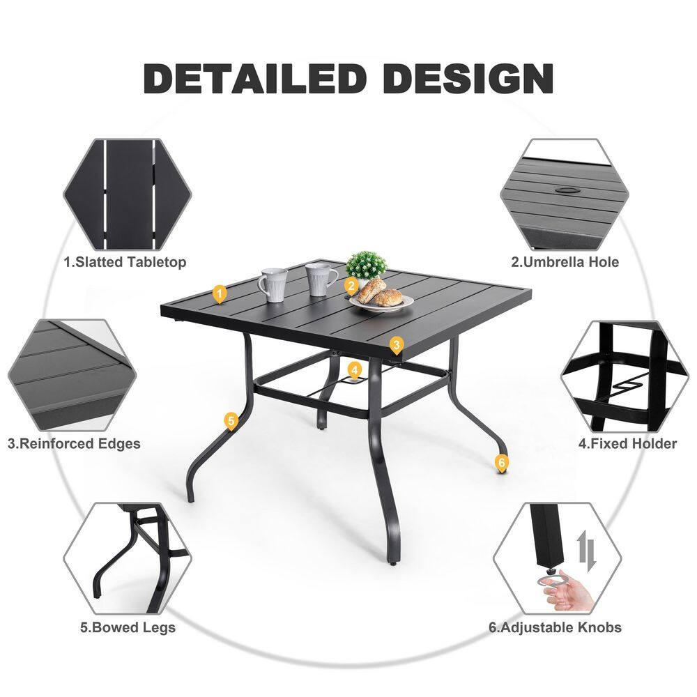 5-Piece Steel Sling Outdoor Patio Dining Set Square Table Swivel Dining Chairs