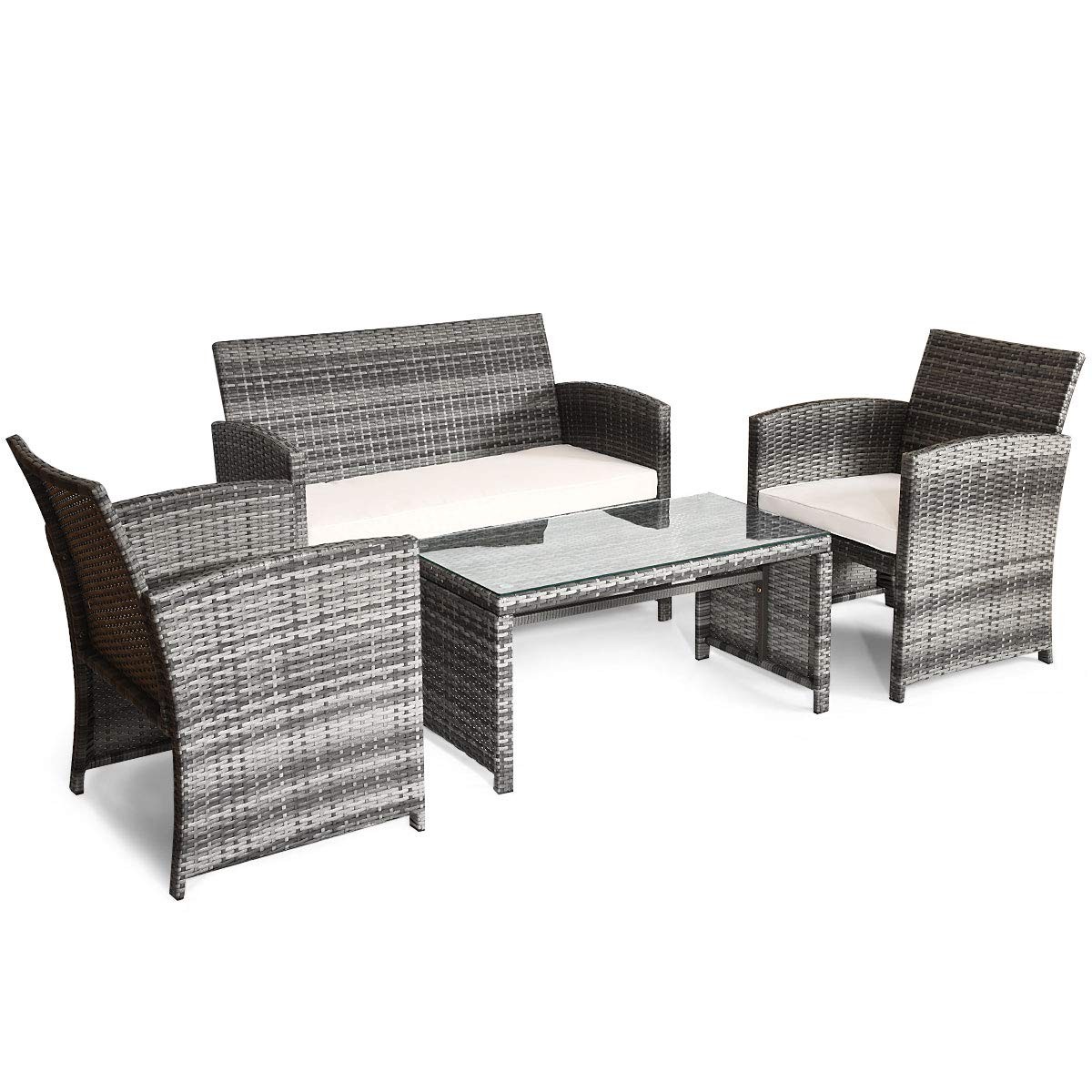 4 PCS Wicker Patio Conversation Set, Outdoor Rattan Sofas with Table Set, Pat…