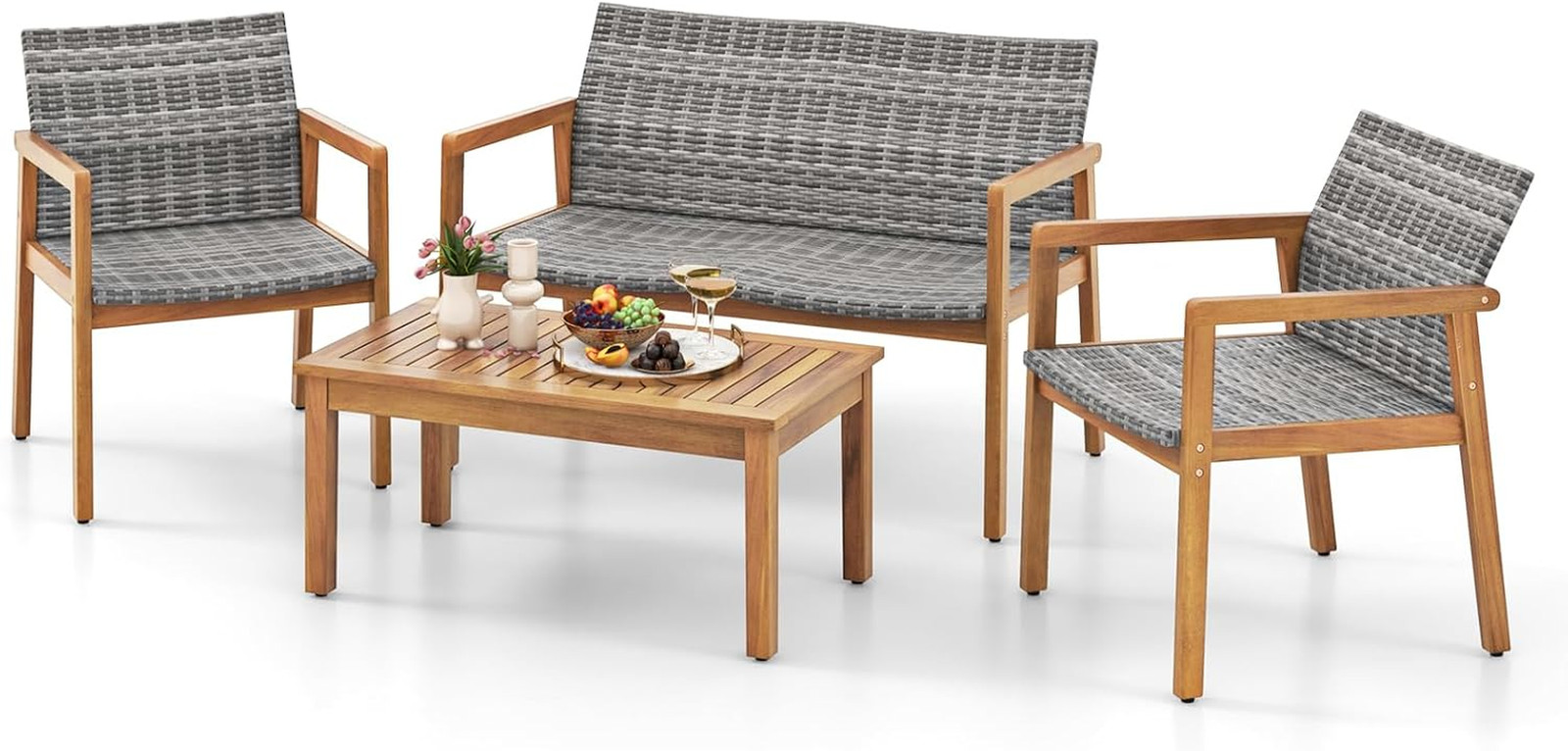 4 Pieces Outdoor Furniture Set, Acacia Wood Frame Sofa Set W/Rattan Seat & Back,
