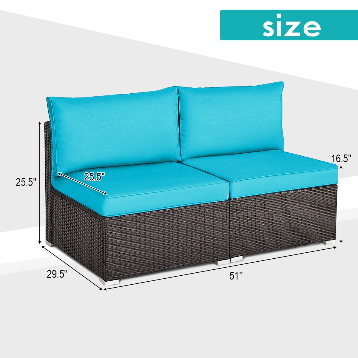 Patio 2PCS Rattan Armless Sofa Sectional Furniture Conversation Set Turquoise
