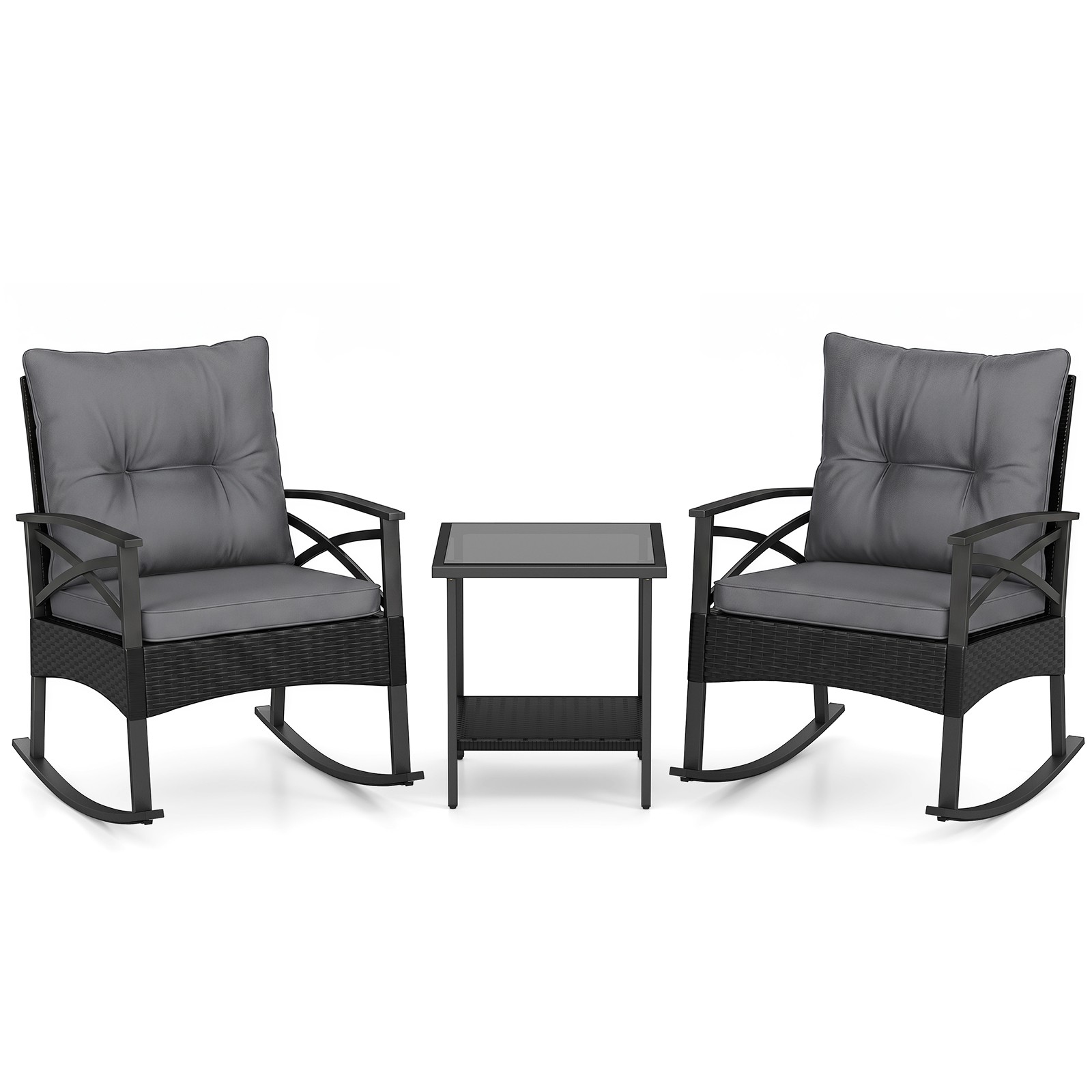 3-Piece Rattan Rocking Bistro Set w/Tempered Glass Tabletop & Cushions for Porch