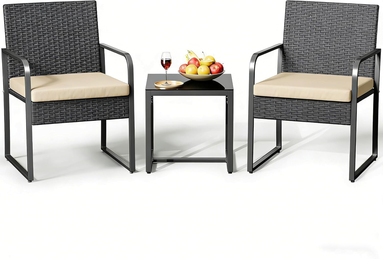 3 Pieces Patio Bistro Sets, Outdoor Rattan Conversation with Glass Table, Wicker