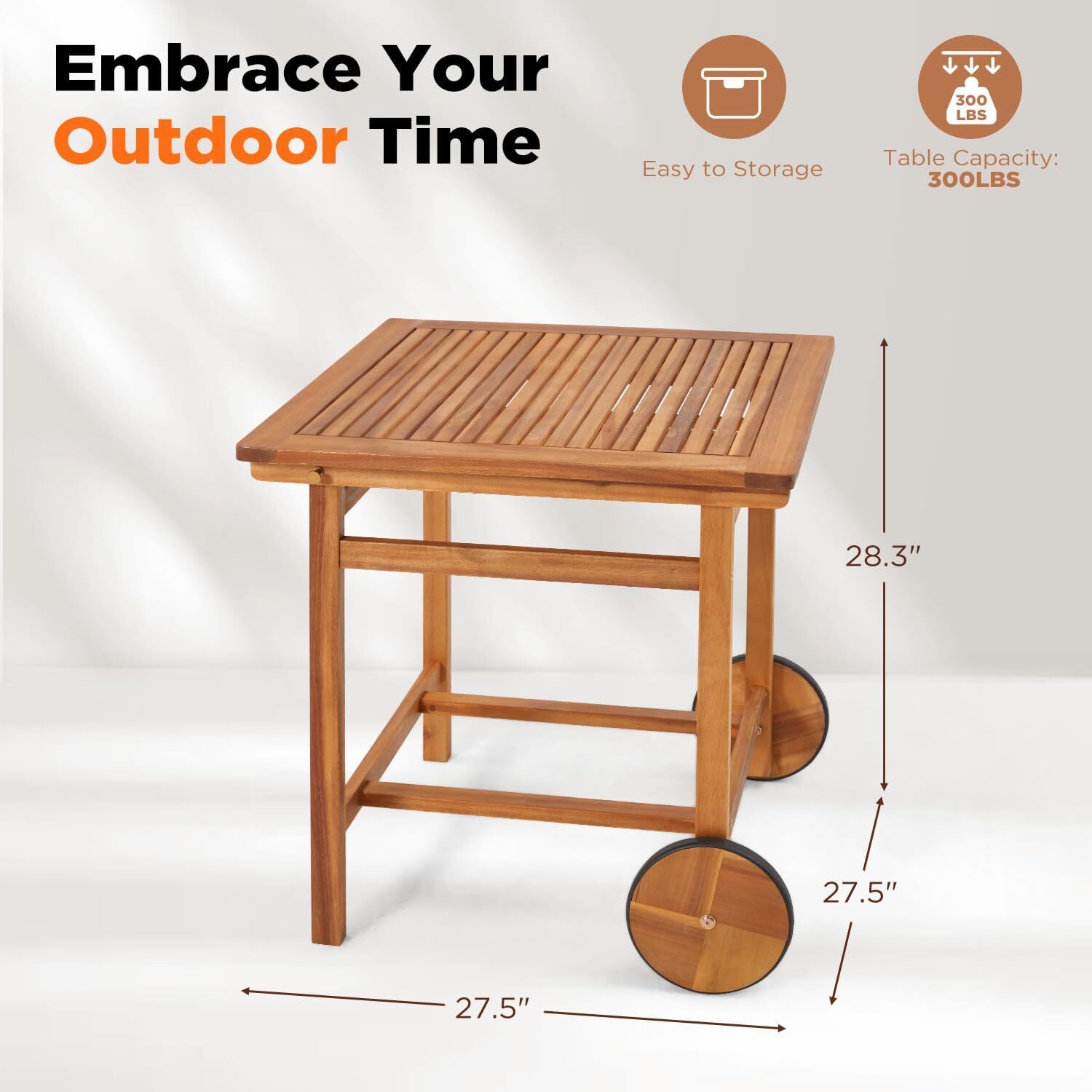 Outdoor Patio Dining Set, Acacia Wood Outdoor Table and Chairs with Wheels