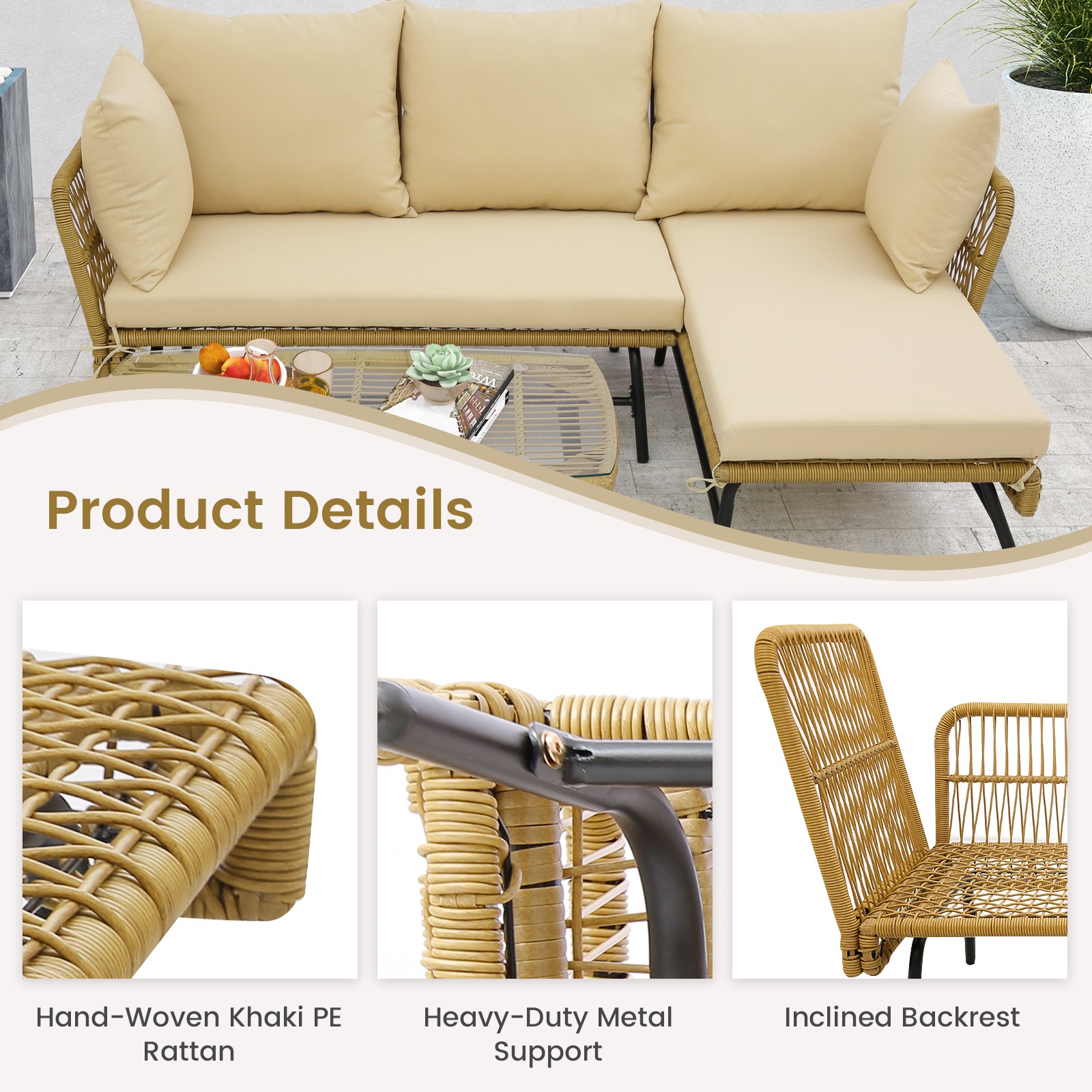 3 PCS L-Shaped Patio Sofa Set Conversation Furniture with Cushions Deck Garden