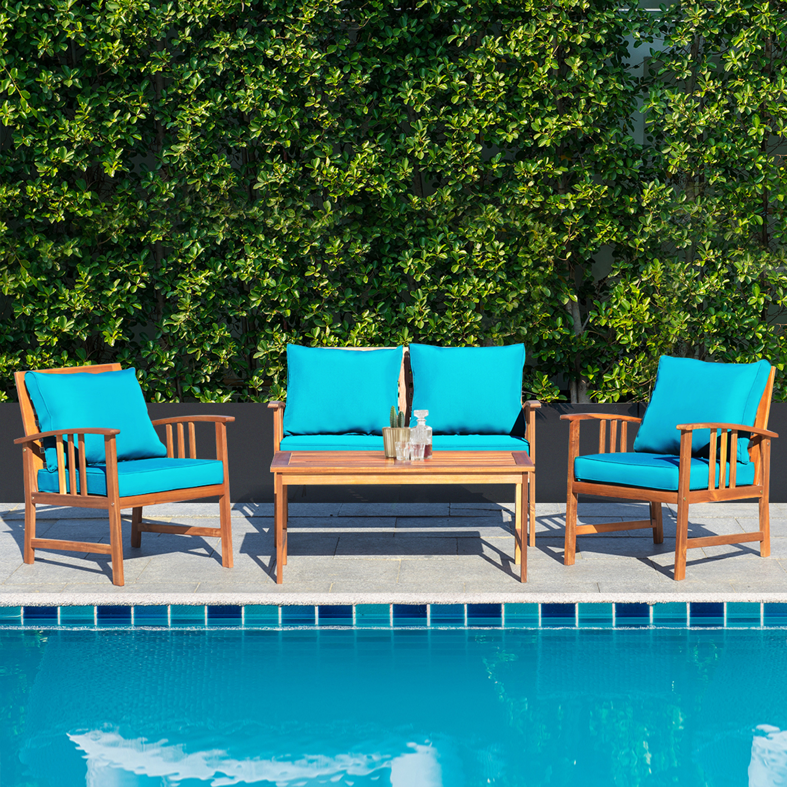 4pcs Wooden Patio Furniture Set Table & Sectional Sofa w/ Turquoise Cushion