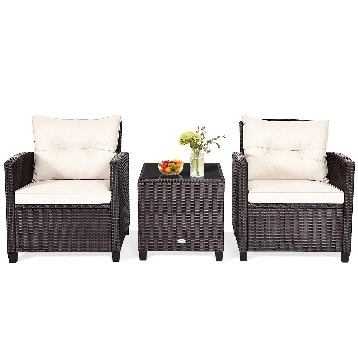 3PCS Patio Rattan Furniture Set Cushioned Sofa Coffee Table Garden off White