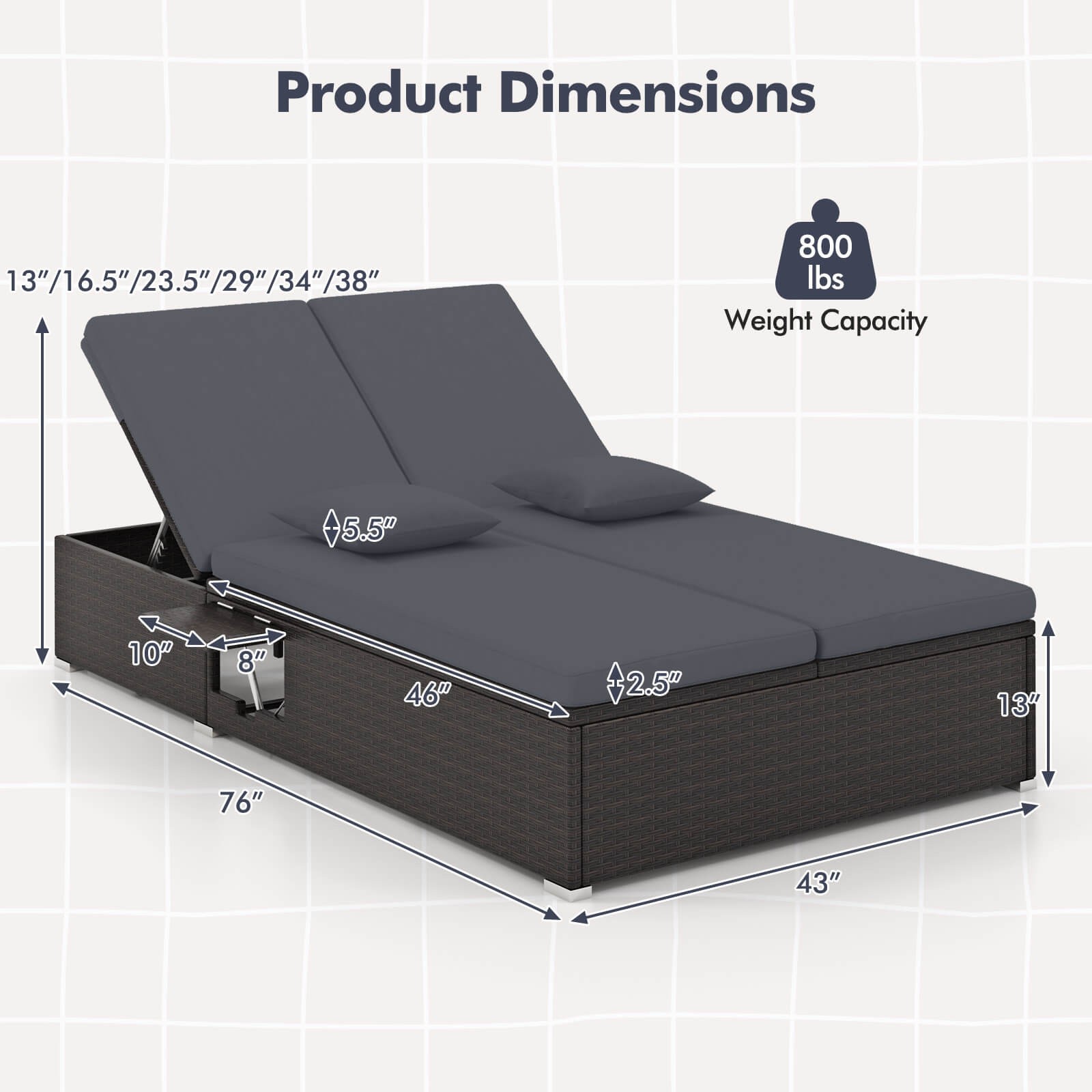 Outdoor Patio Daybed PE Wicker Double Chaise Lounge with Adjustable Backrests