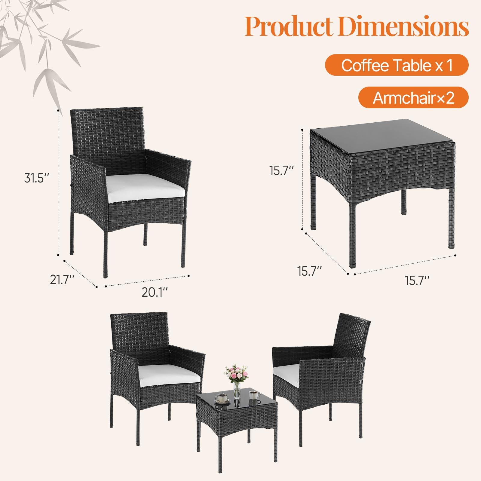 3 Piece Patio Furniture Set, All-Weather Outdoor Wicker Bistro Set with Remov…