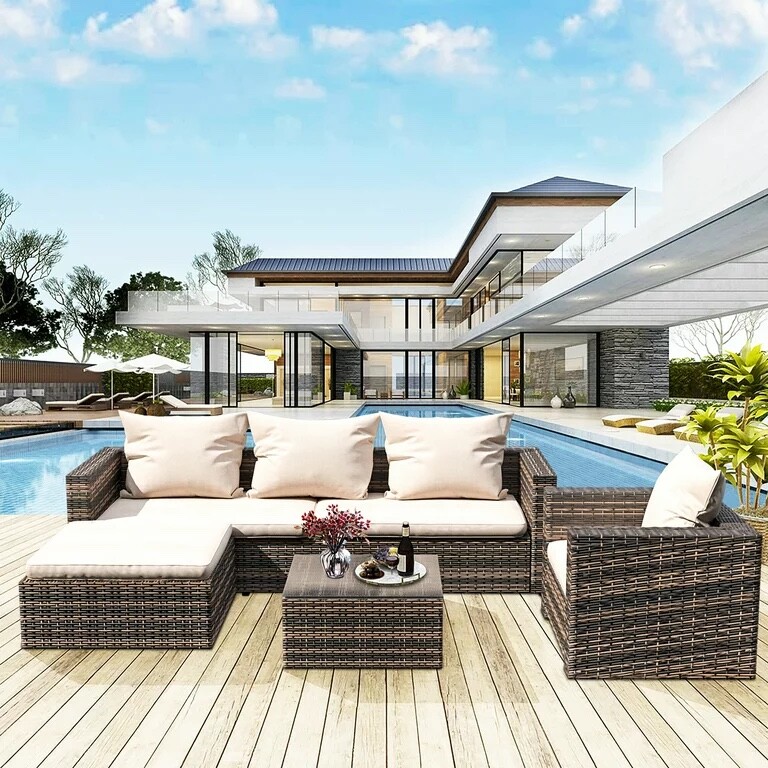Brown Rattan Patio Set Sofa Couch Chair table ottoman four 4 piece luxury