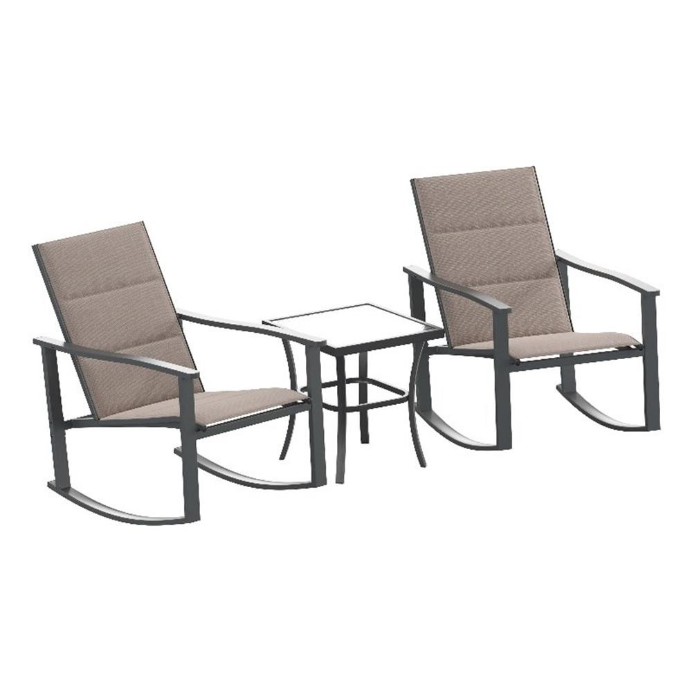 3 Piece All-Weather Rocking Chairs and Glass Top Table Bistro Set – Brown/Black