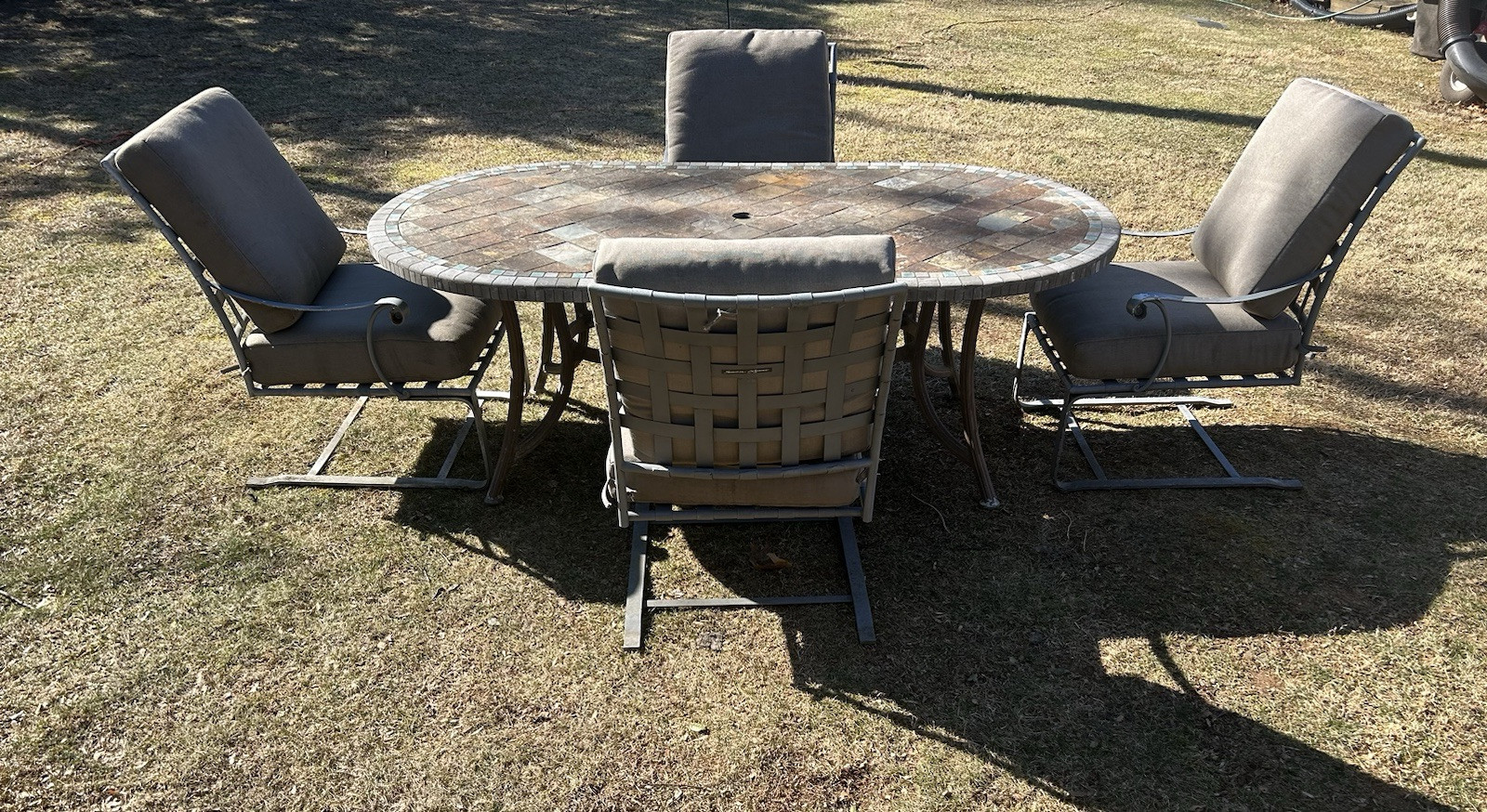 Stone Top Patio Table And 4 Summer Classics Wrought Iron Rockers